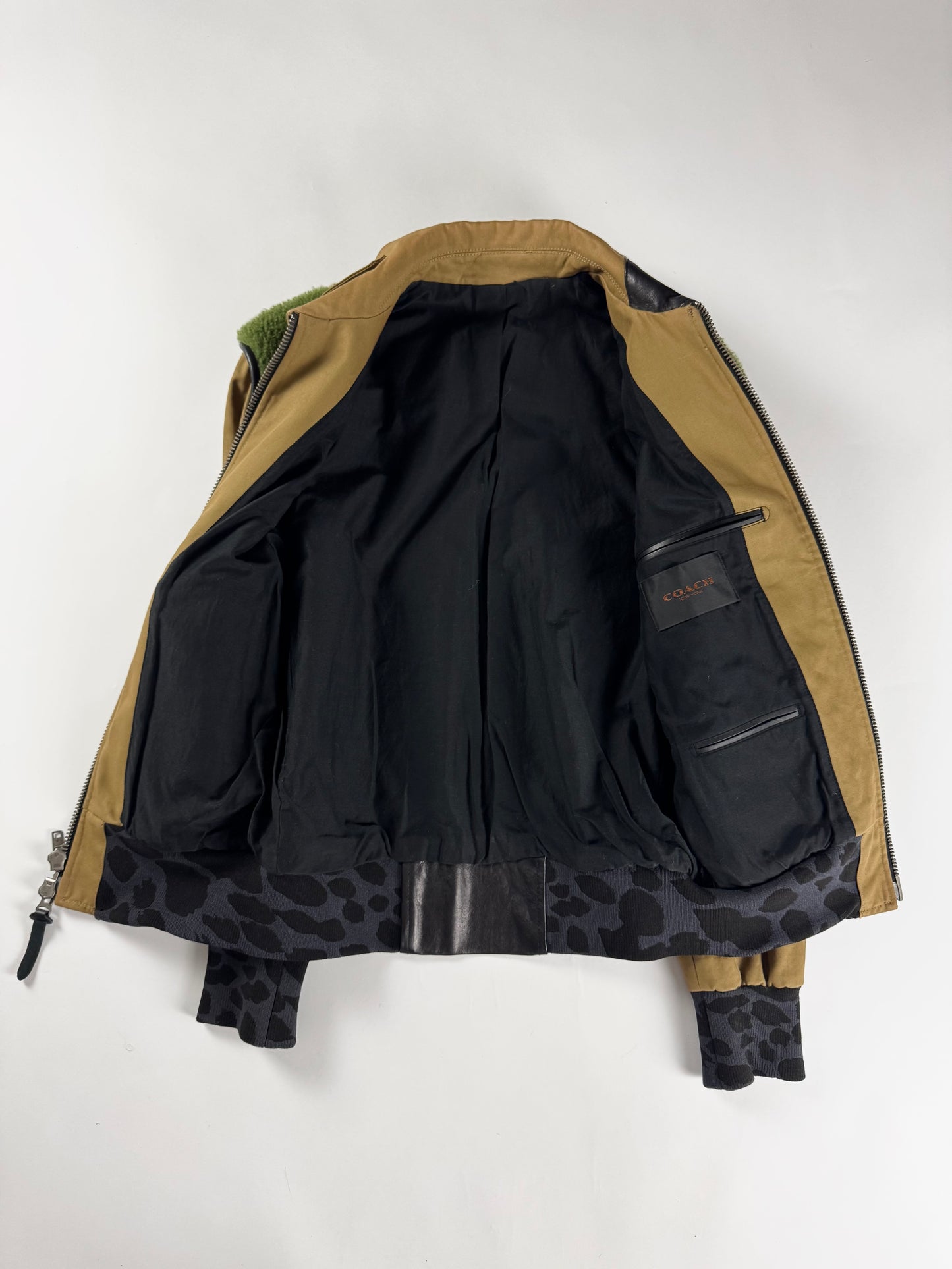 Coach Sample Camel Mixed Animal Print Green Shearling Collar Bomber Jacket SS 2016 - M