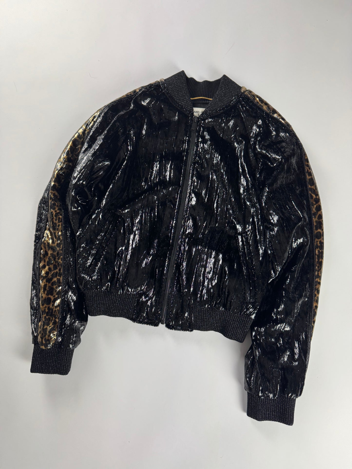 Saint Laurent Velours De Givre Leopard Sleeve Bright Teddy Bomber Jacket FW 2019 - XS