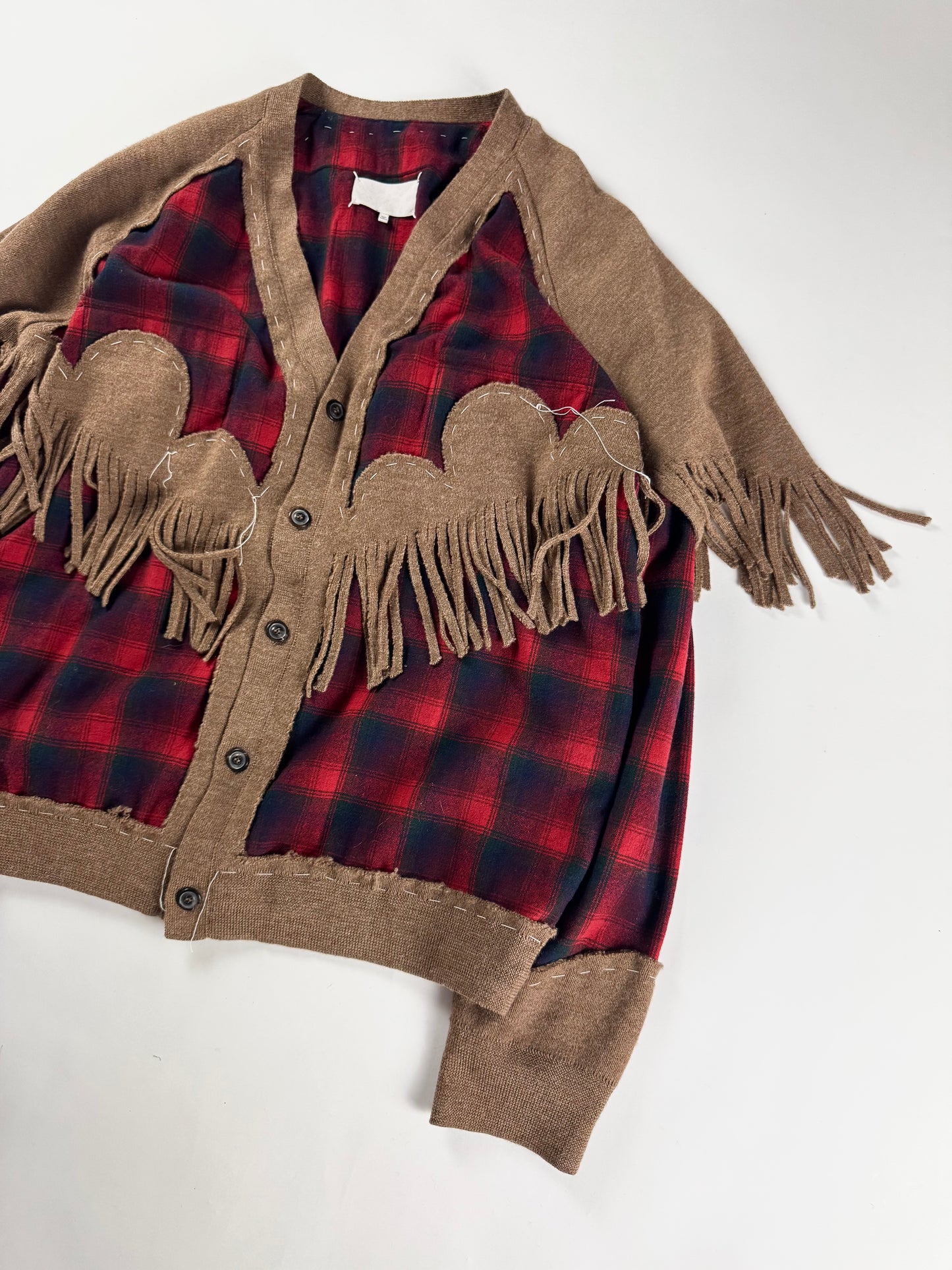 Maison Margiela x Pendleton Red Tartan Plaid Tan Knit Western Fringe Cardigan FW 2023 - XXL