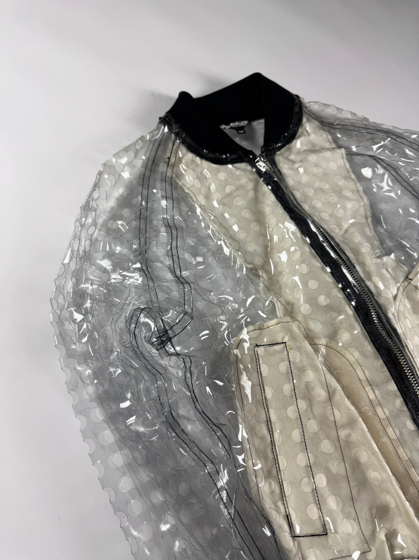 Comme des Garçons BLACK Clear PVC Transparent Polka Dot Lining Black Ribbed Trim Bomber Jacket 2020s - M