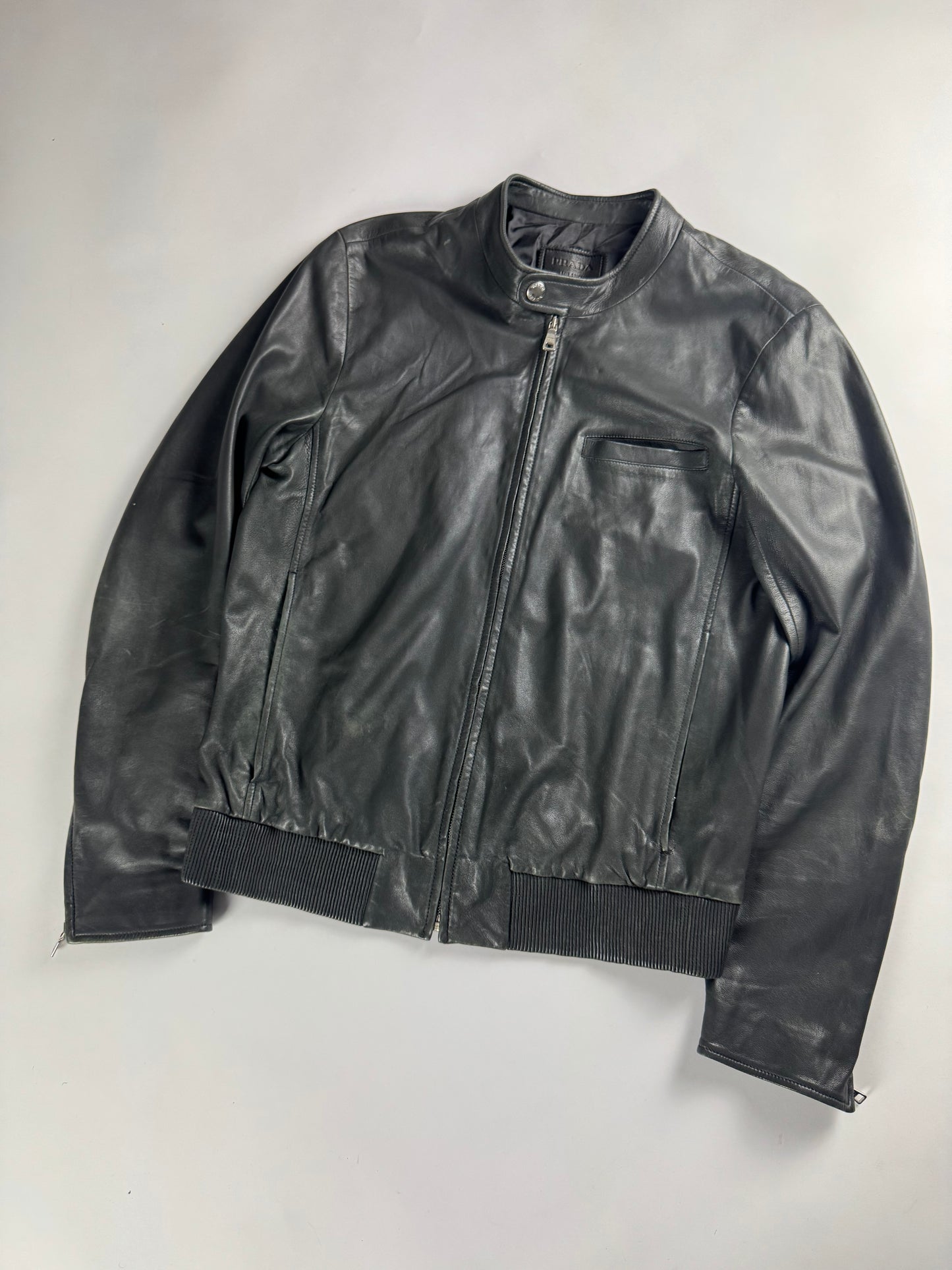 Prada Dark Grey Smooth Leather Minimalist Side Pocket Moto Jacket FW 2012 - M