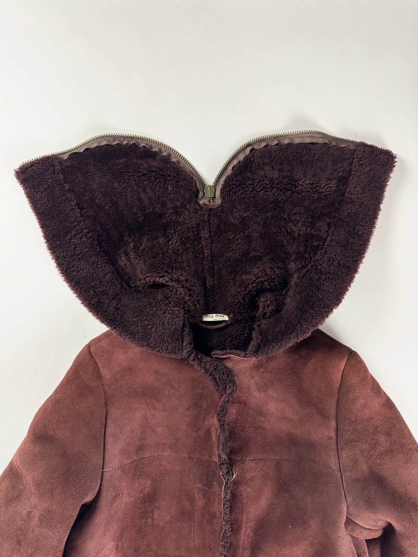 Miu Miu Wine Red Half Open Sherpa Hood Shearling Coat 2000s - XS