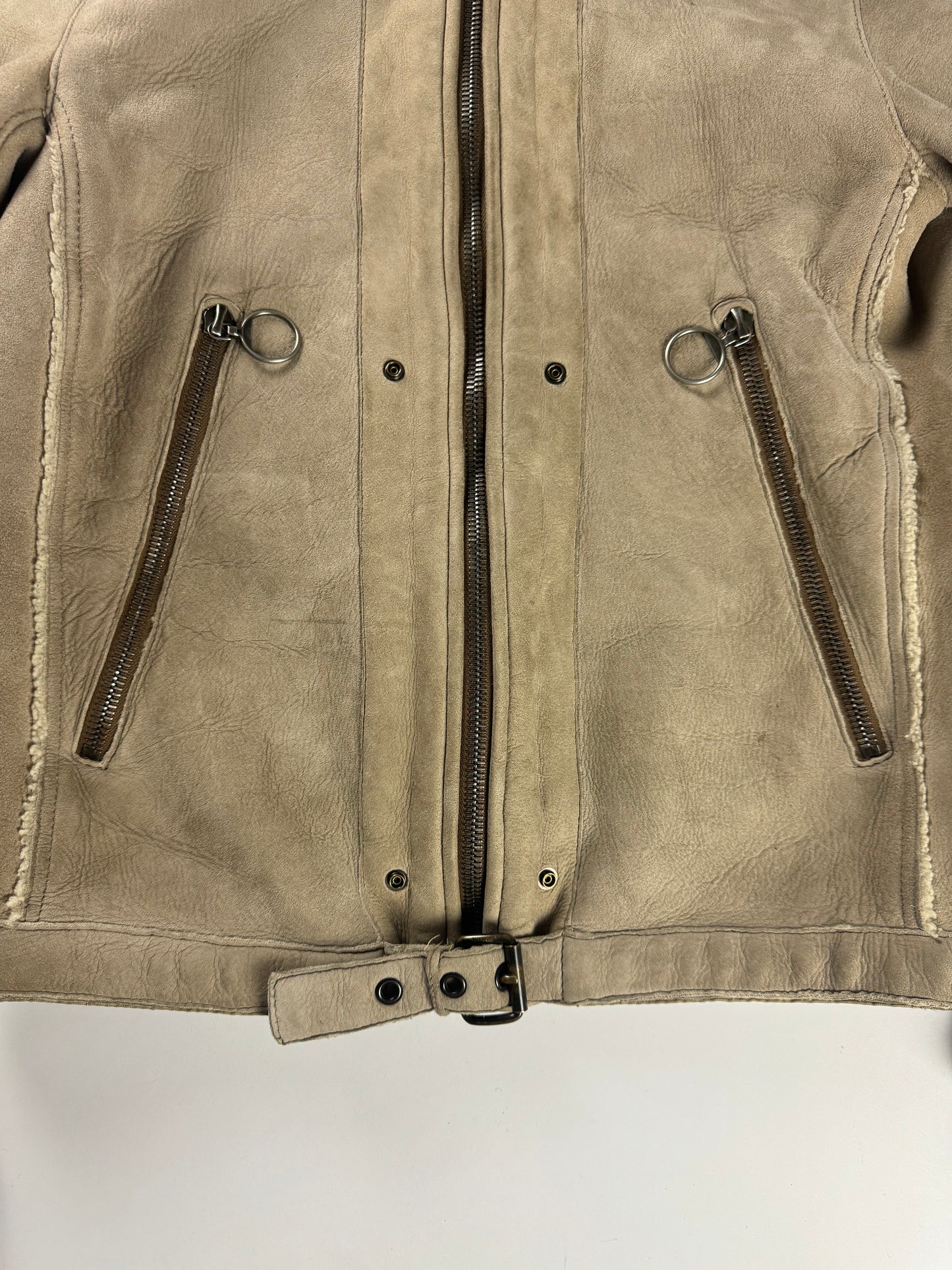 Prada Shearling Fur Lined Belted Aviator Jacket 2000s - L