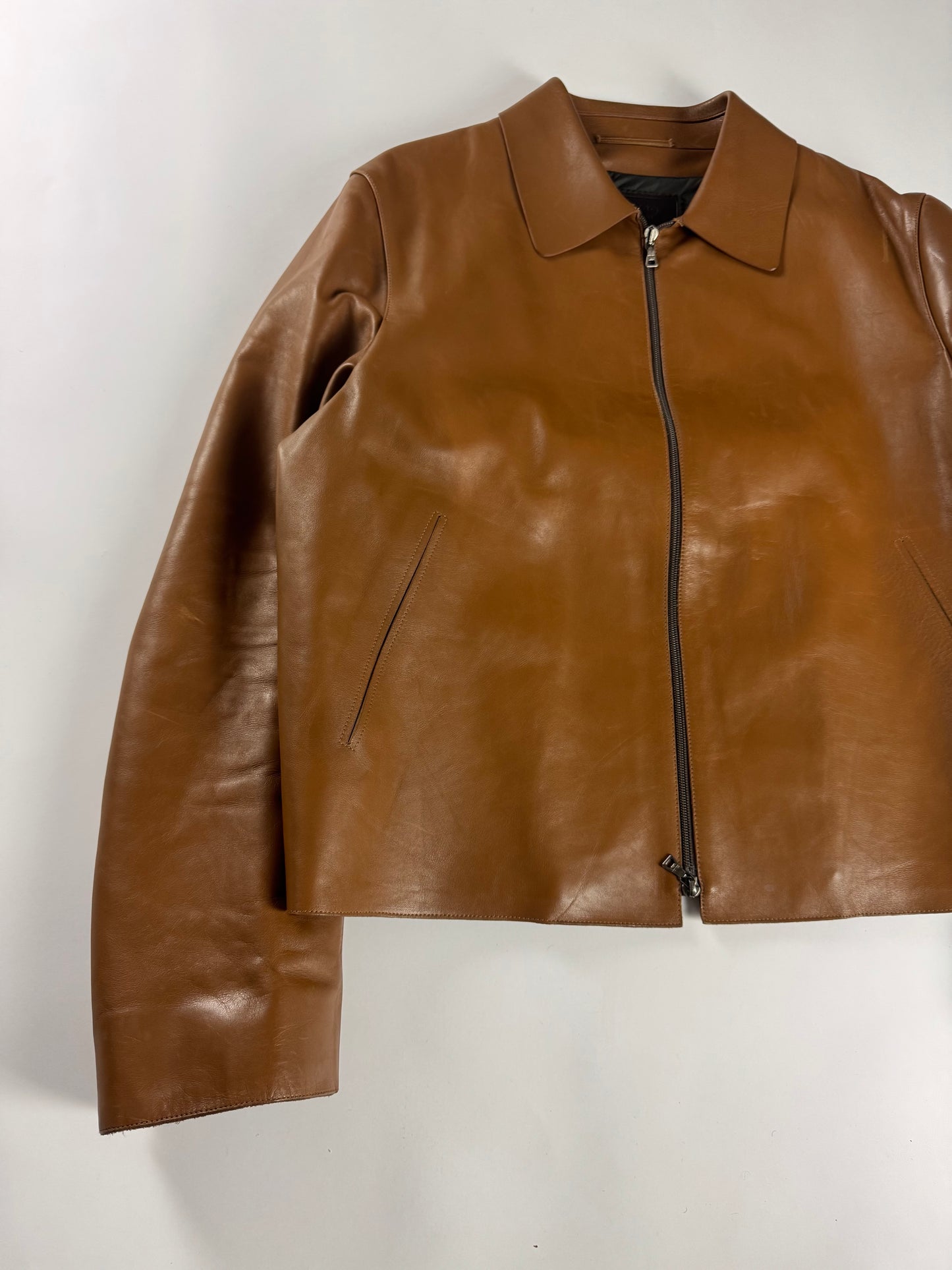 Prada Cognac Premium Leather Double Zipper Padded Layer Minimalist Jacket FW 2000 - L