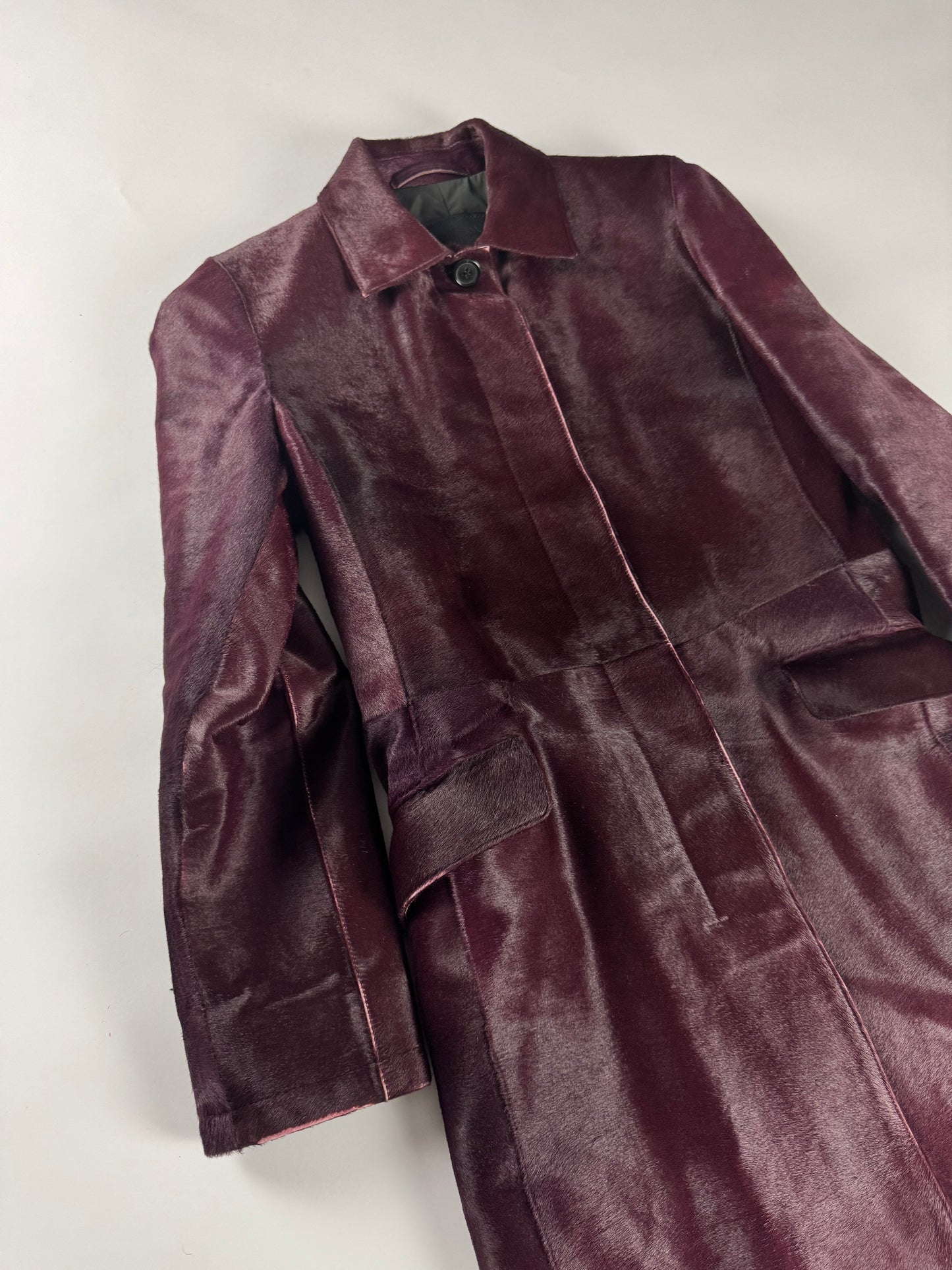 Prada Wine Bordeaux Leather Belted Pony Hair Leather Coat FW 2000 - XS