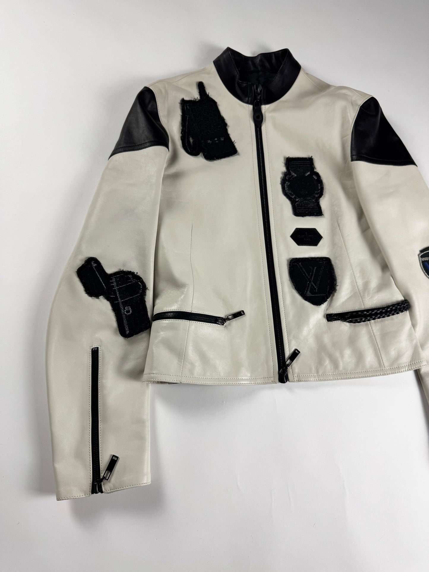Louis Vuitton Sample White Leather Black Multi Patch Logo Badge Racer Jacket FW 2017 - S