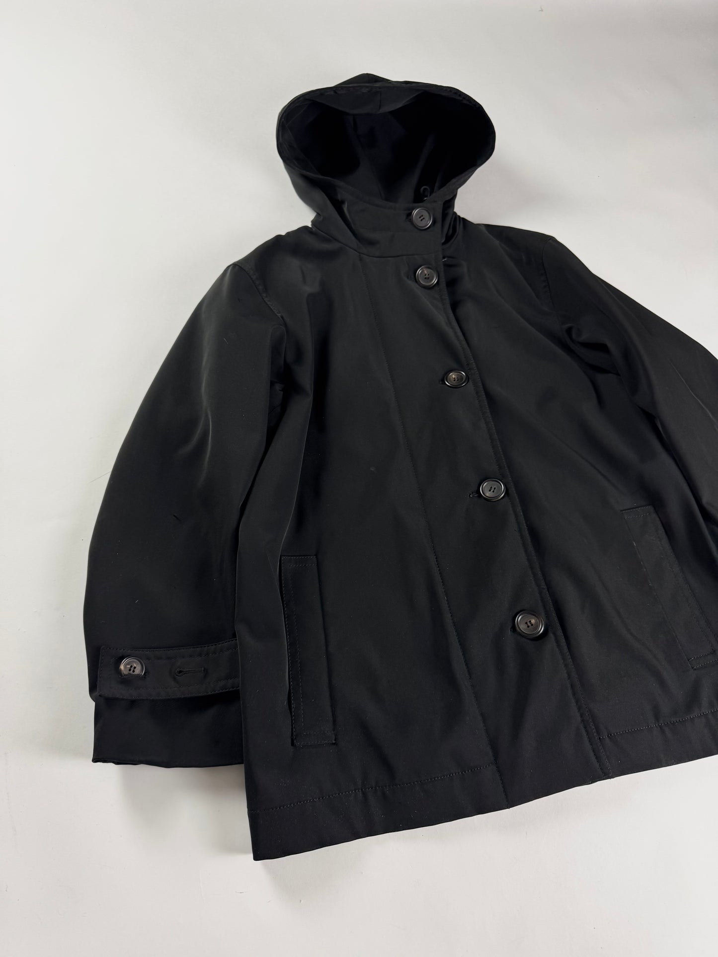 Prada Black Hooded Button Front Parka Coat 2000s - S