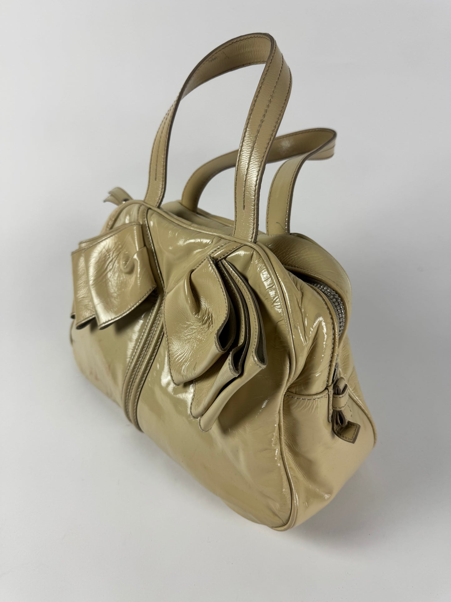 Yves Saint Laurent Rive Gauche Patent Cream Leather Handle Obi Bow Bag 2010s - OS