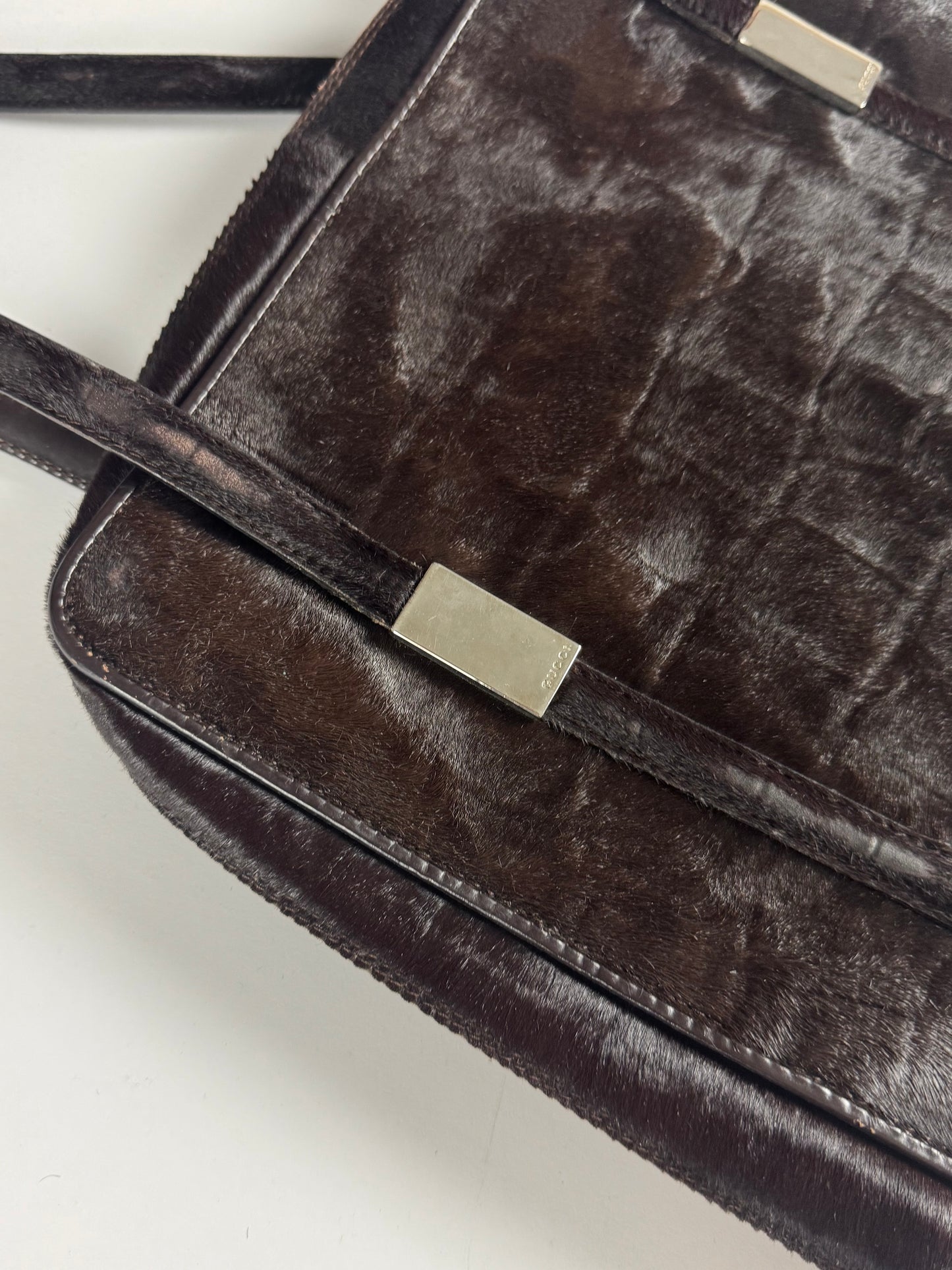 Gucci Tom Ford Brown Crocodile Cut Pattern Pony Hair Shoulder Bag FW 1996 - OS