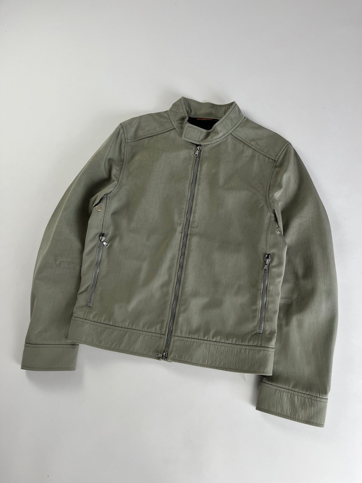 Prada Light Grey Modern Strapped Double Zip Nylon Moto Jacket SS 2000 - M