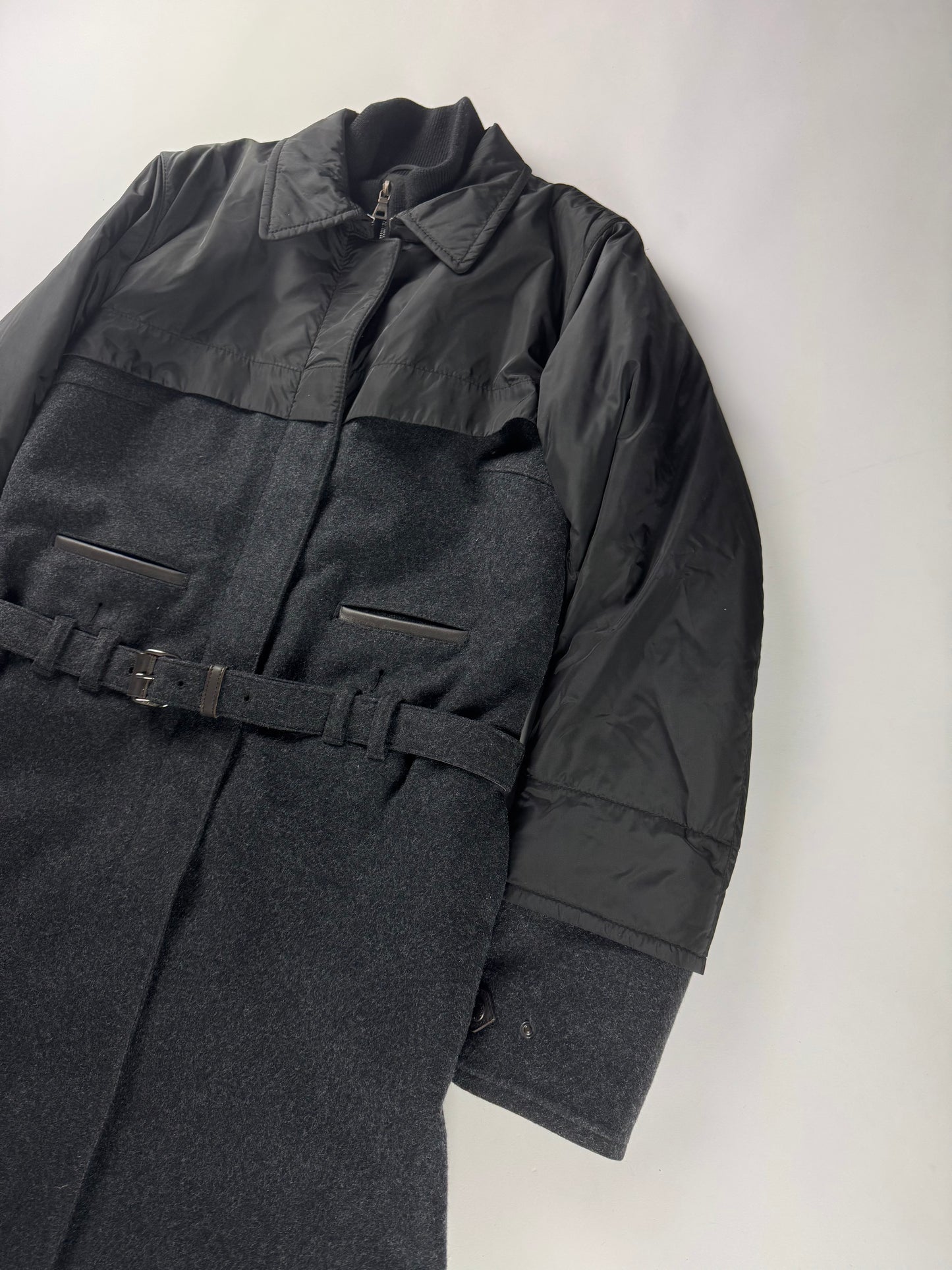 Prada Two Tones Hybrid 2 in 1 Belted Premium Brushed Wool Overcoat 2000s - S