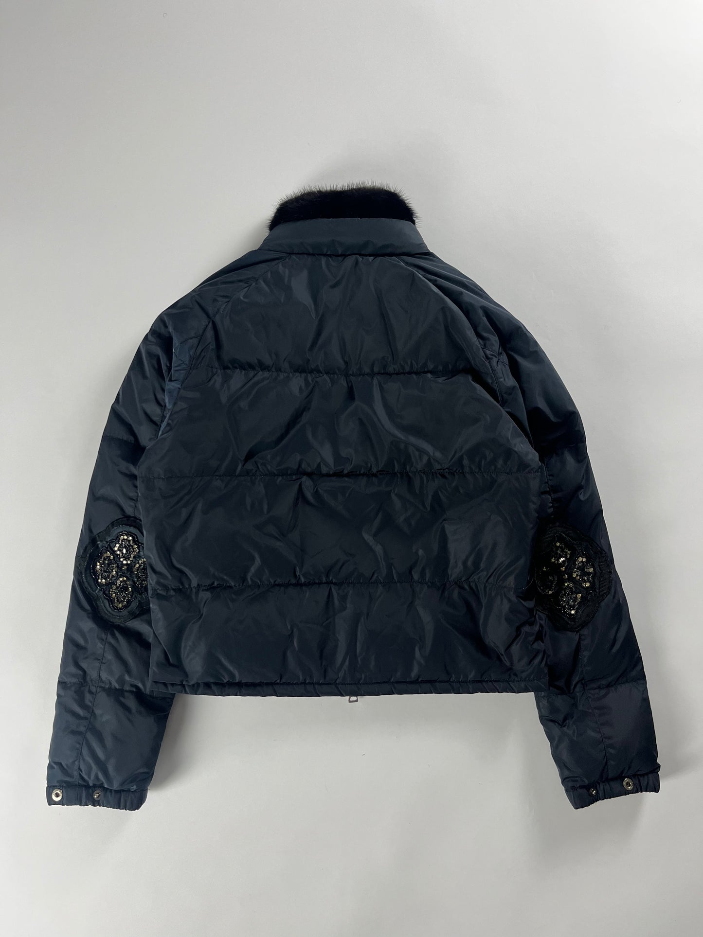 Prada Navy Crop Puffer Rhinestone Elbows Jacket FW 2004 - XS