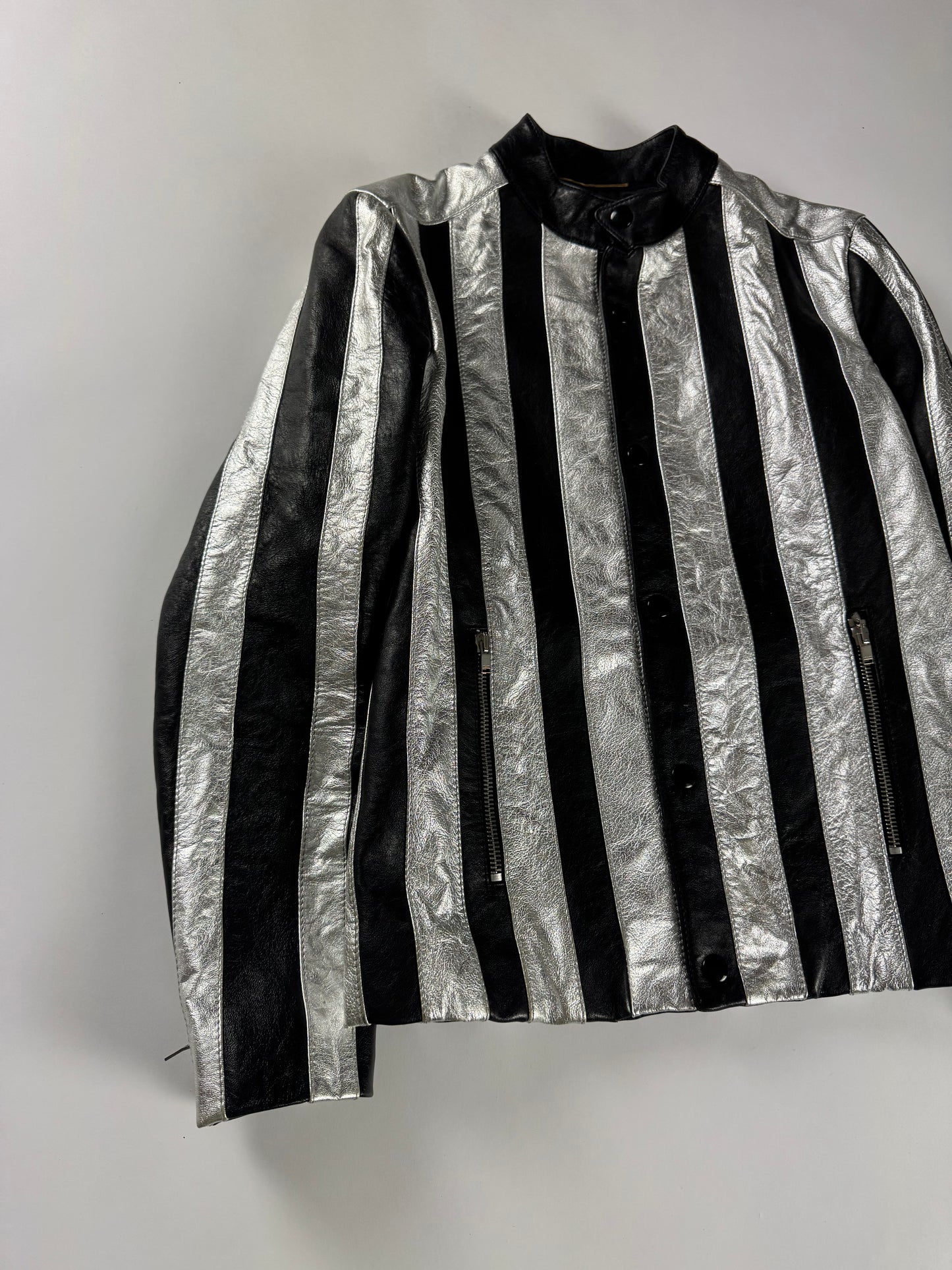Saint Laurent Sample Metallic Silver Striped Leather Jacket Pre Fall 2015 - XS