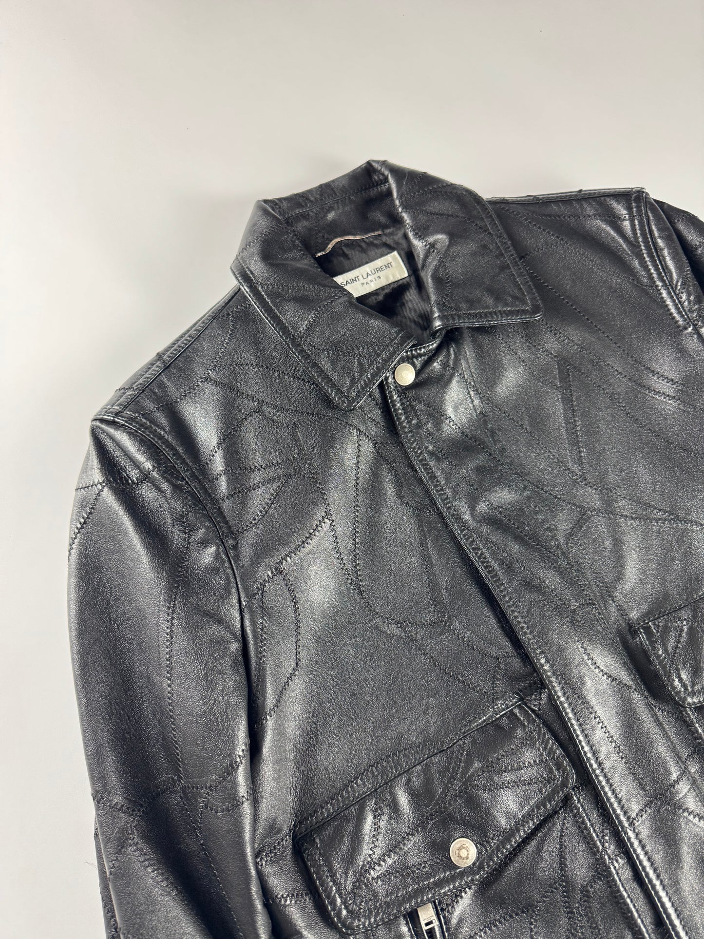 Saint Laurent Sample Leather Paneled Zigzag Stitching Bomber Jacket Pre Fall 2018 - S