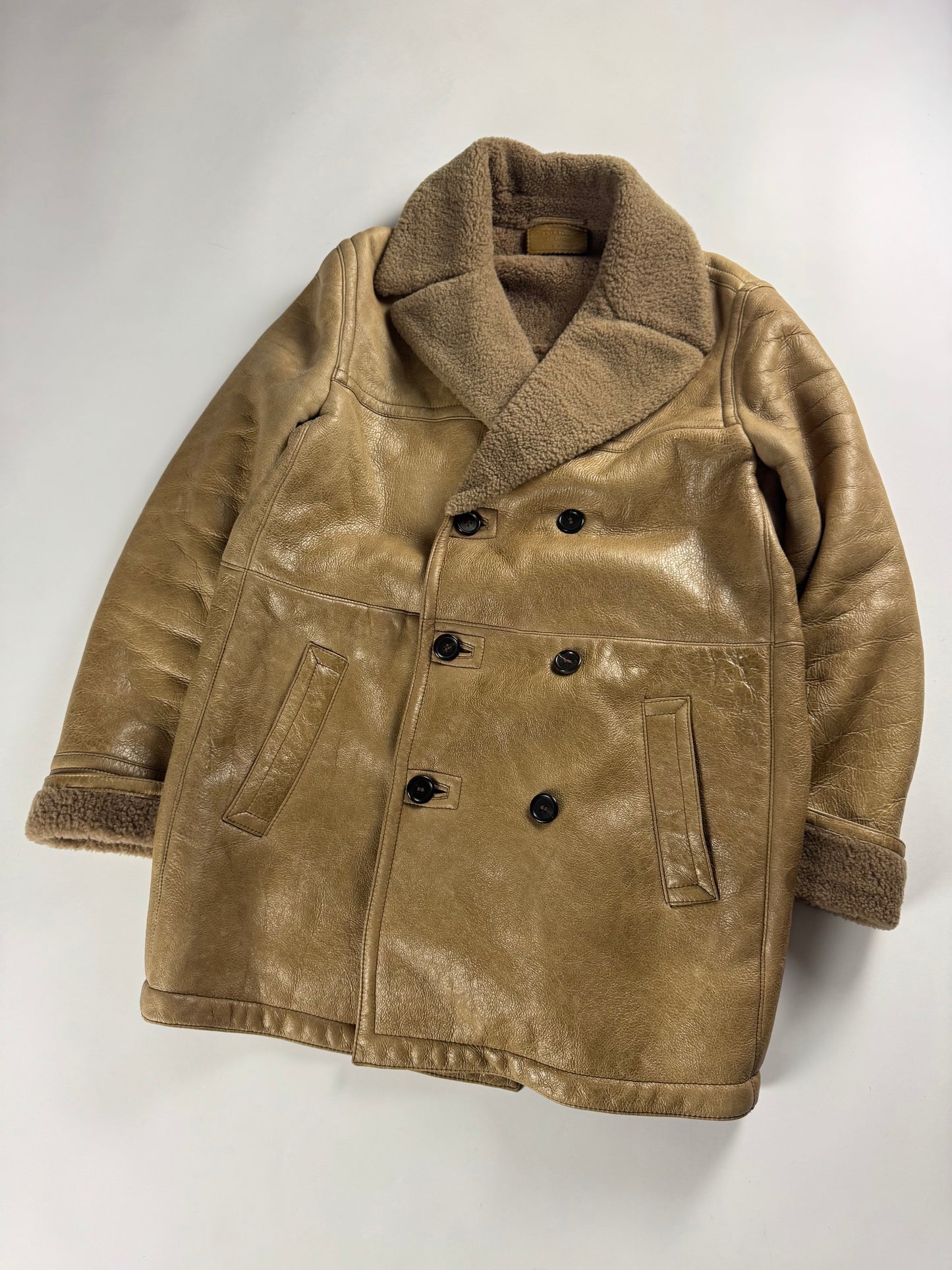 Prada Cream Tan Brown Double Breasted Shearling Leather Coat FW 2006 - L