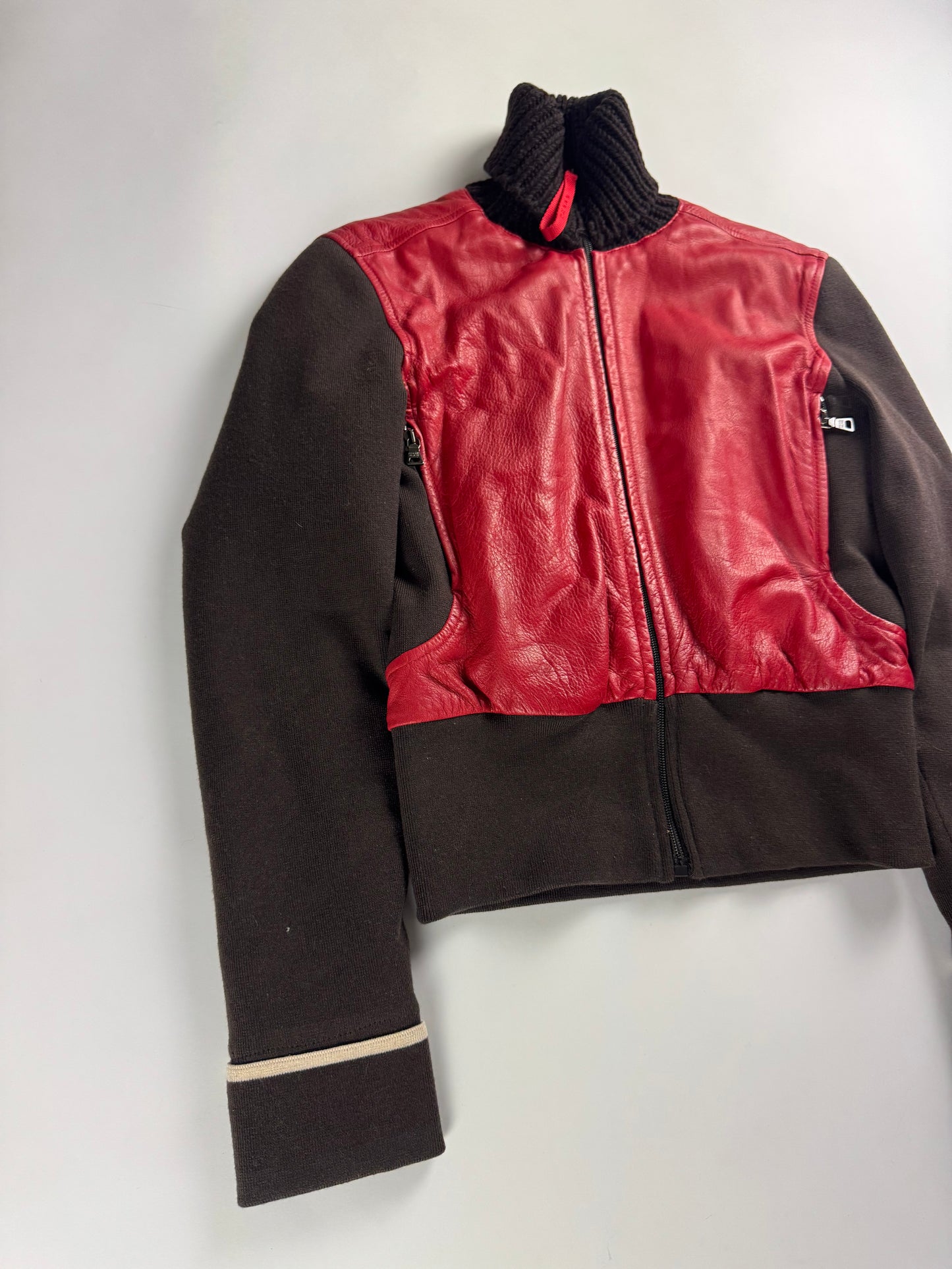 Prada Wool Hybrid Red Leather Patch Turtleneck Jacket SS 2000 - S