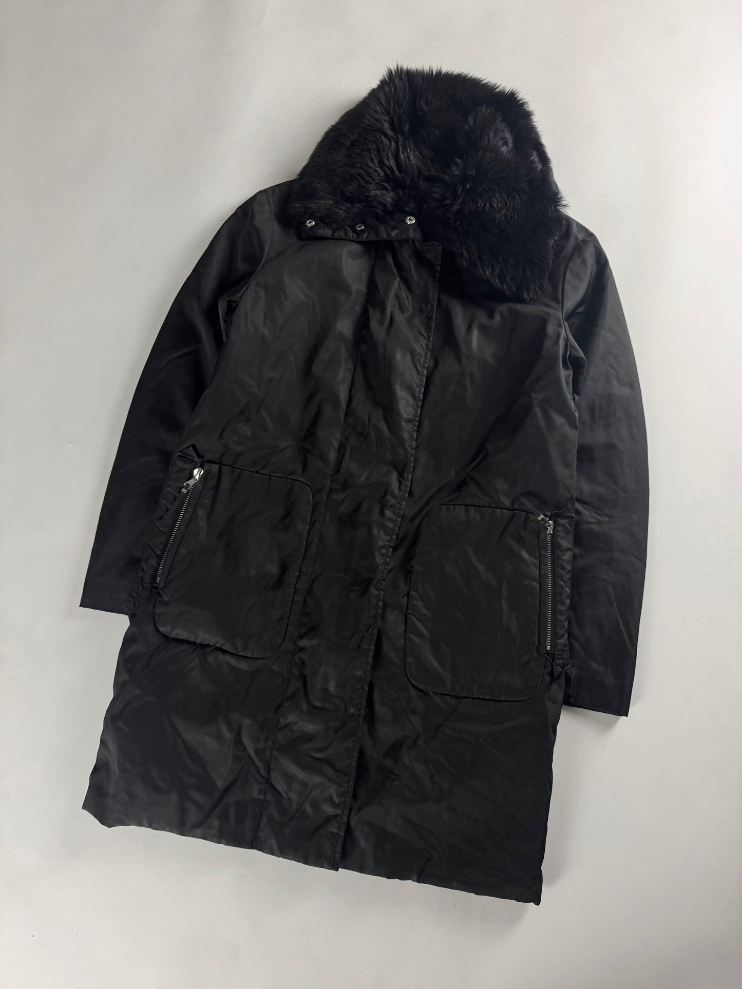 Prada Fur Collar Long Dark Nylon Coat 2000s - S