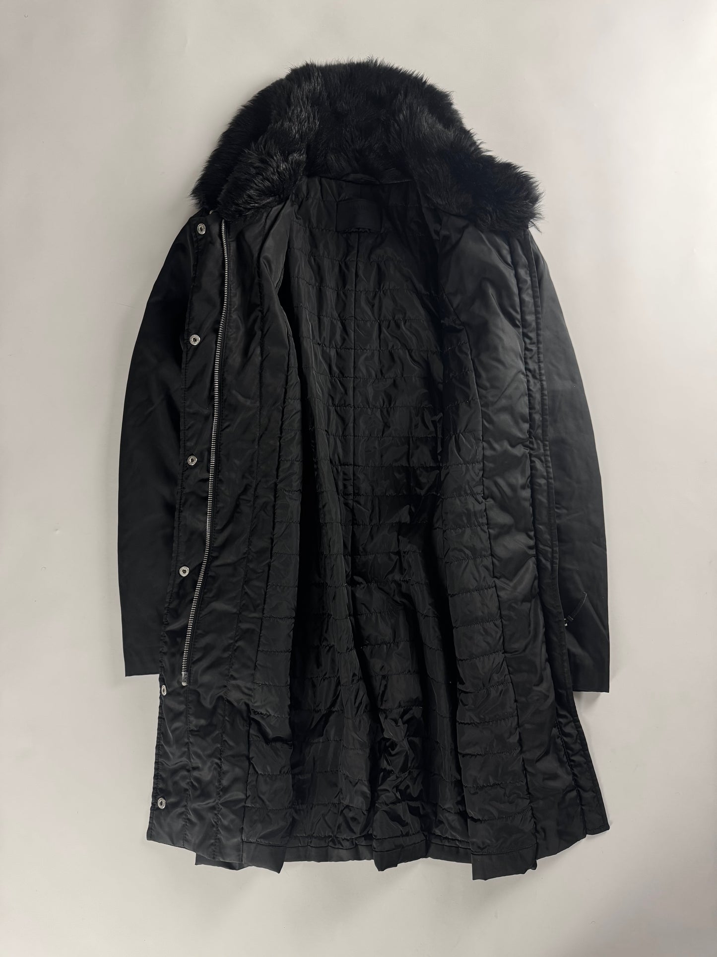 Prada Fur Collar Long Dark Nylon Coat 2000s - S