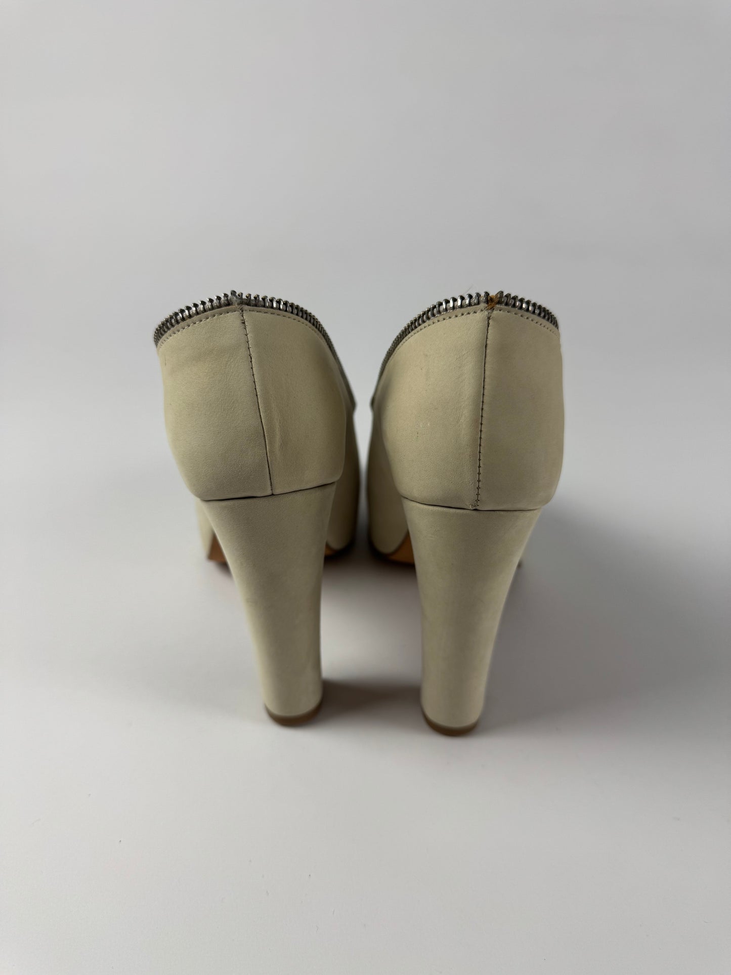 Jean Paul Gaultier Cream Suede Zipper Peep Toe Platform Block Heels - 36 EU
