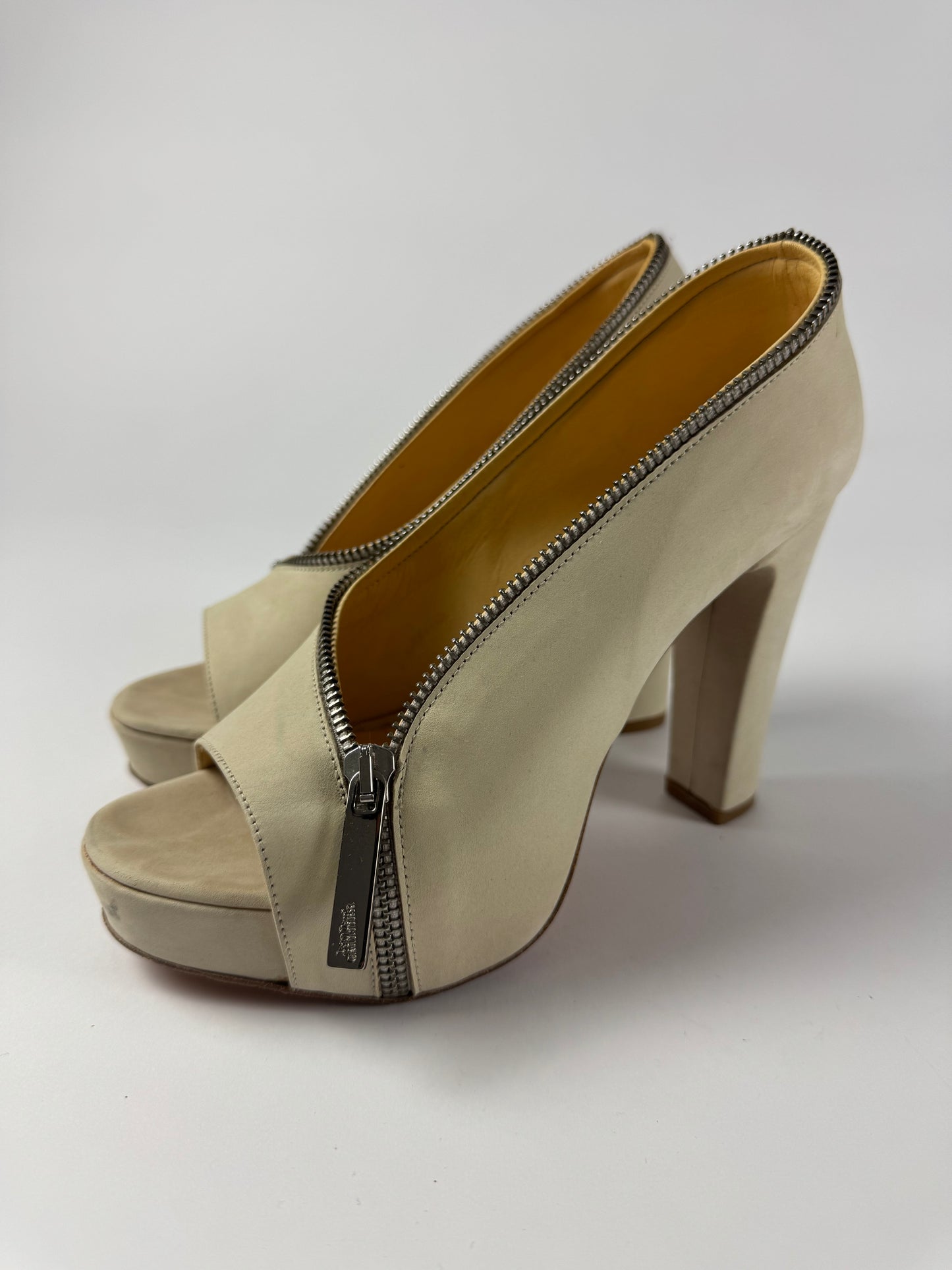 Jean Paul Gaultier Cream Suede Zipper Peep Toe Platform Block Heels - 36 EU