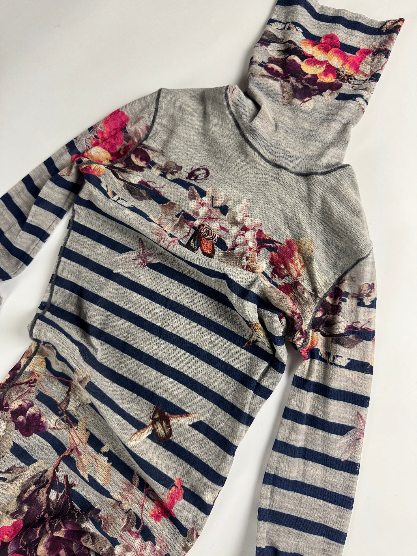 Jean Paul Gaultier Grey Mesh Floral Graphic Striped Mini Dress 1990s - XS