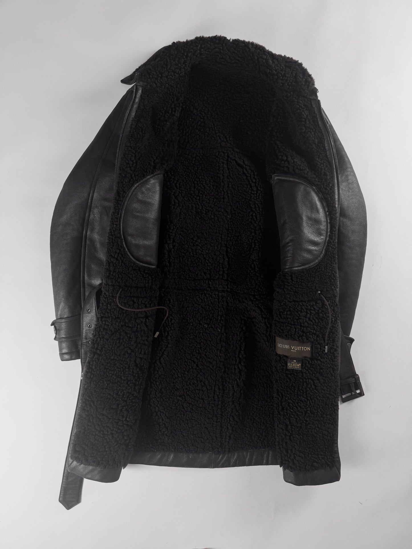 Louis Vuitton Dark Brown Fur Lining Heavy Sheepskin Leather Belted Coat 2000s - M