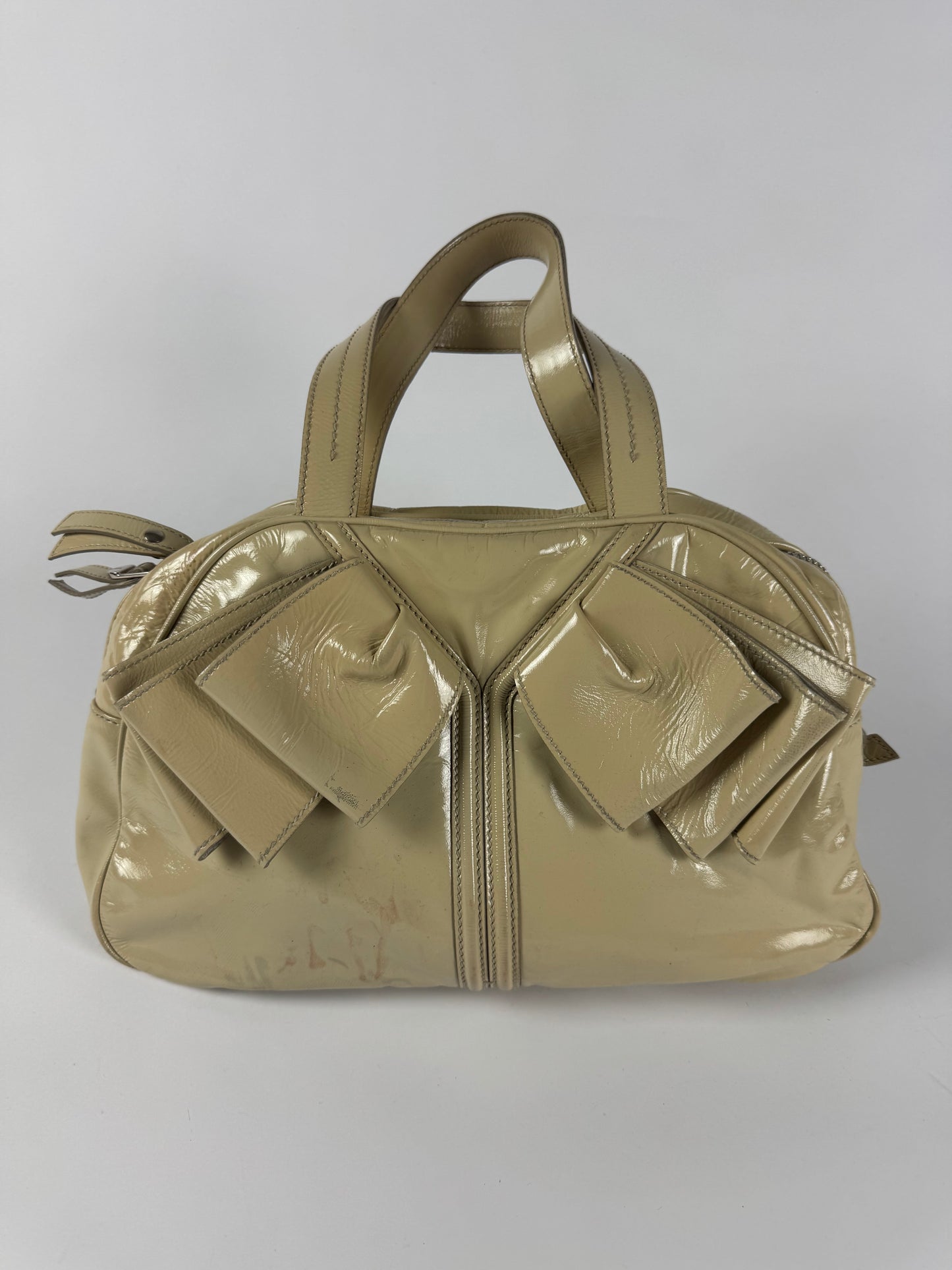 Yves Saint Laurent Rive Gauche Patent Cream Leather Handle Obi Bow Bag 2010s - OS