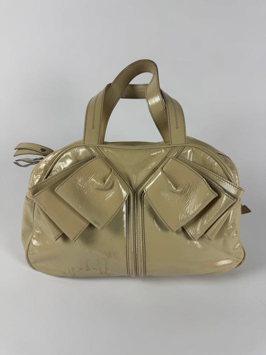 Yves Saint Laurent Rive Gauche Patent Cream Leather Handle Obi Bow Bag 2010s - OS