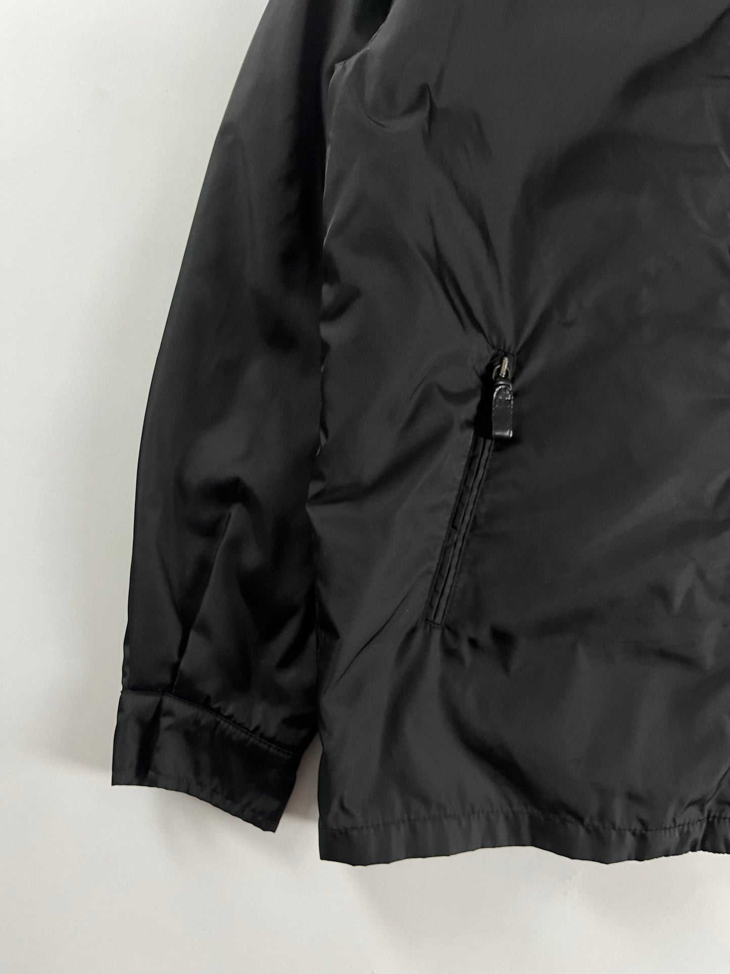 Prada Minimalist Black Nylon Double Zip Hooded Jacket 2000s - S