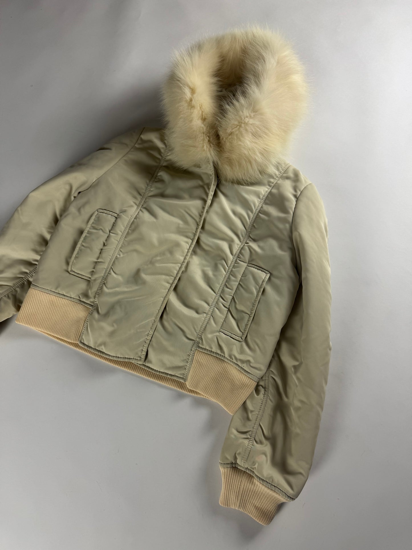 Miu Miu Cropped Cream Fur Hood Puffer Jacket 2000s - S