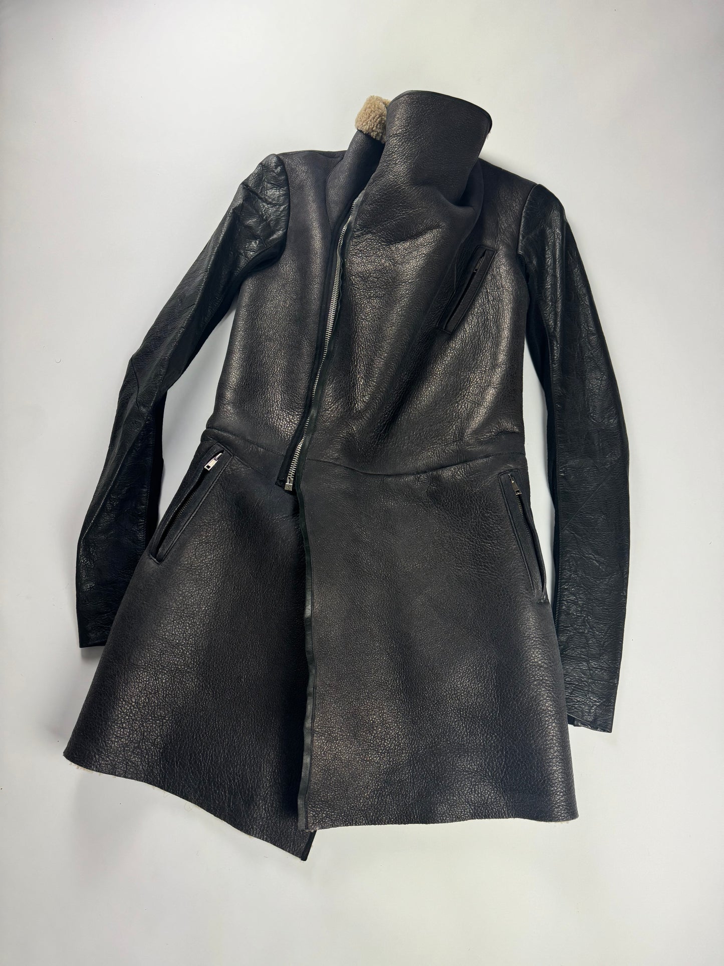 Rick Owens Long Asymmetric Shearling Oblique Coat 2010s - S
