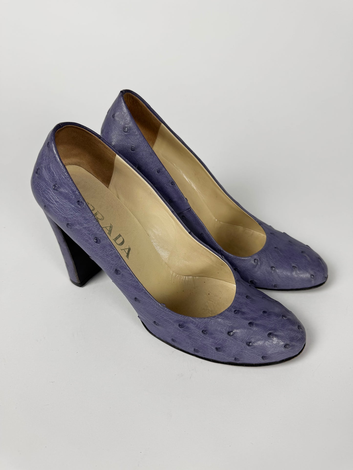 Prada Lila Ostrich Leather Curvy Mary Janes Heels SS 2000 - 39 IT/39,5 EU