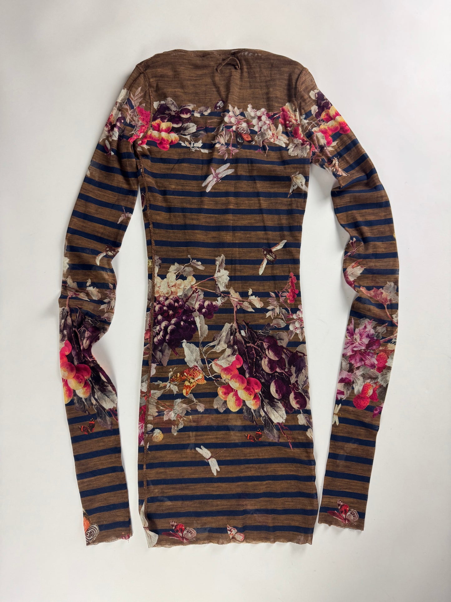 Jean Paul Gaultier Brown Mesh Floral Graphic Striped Mini Dress 1990s - S