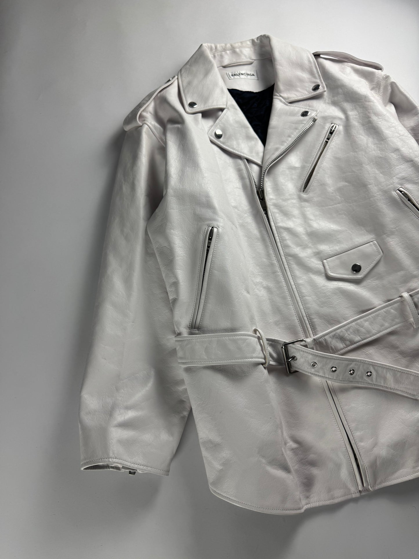 Balenciaga 80s Biker Smooth Optical White Calf Leather Oversized Perfecto Jacket SS 2020 - M