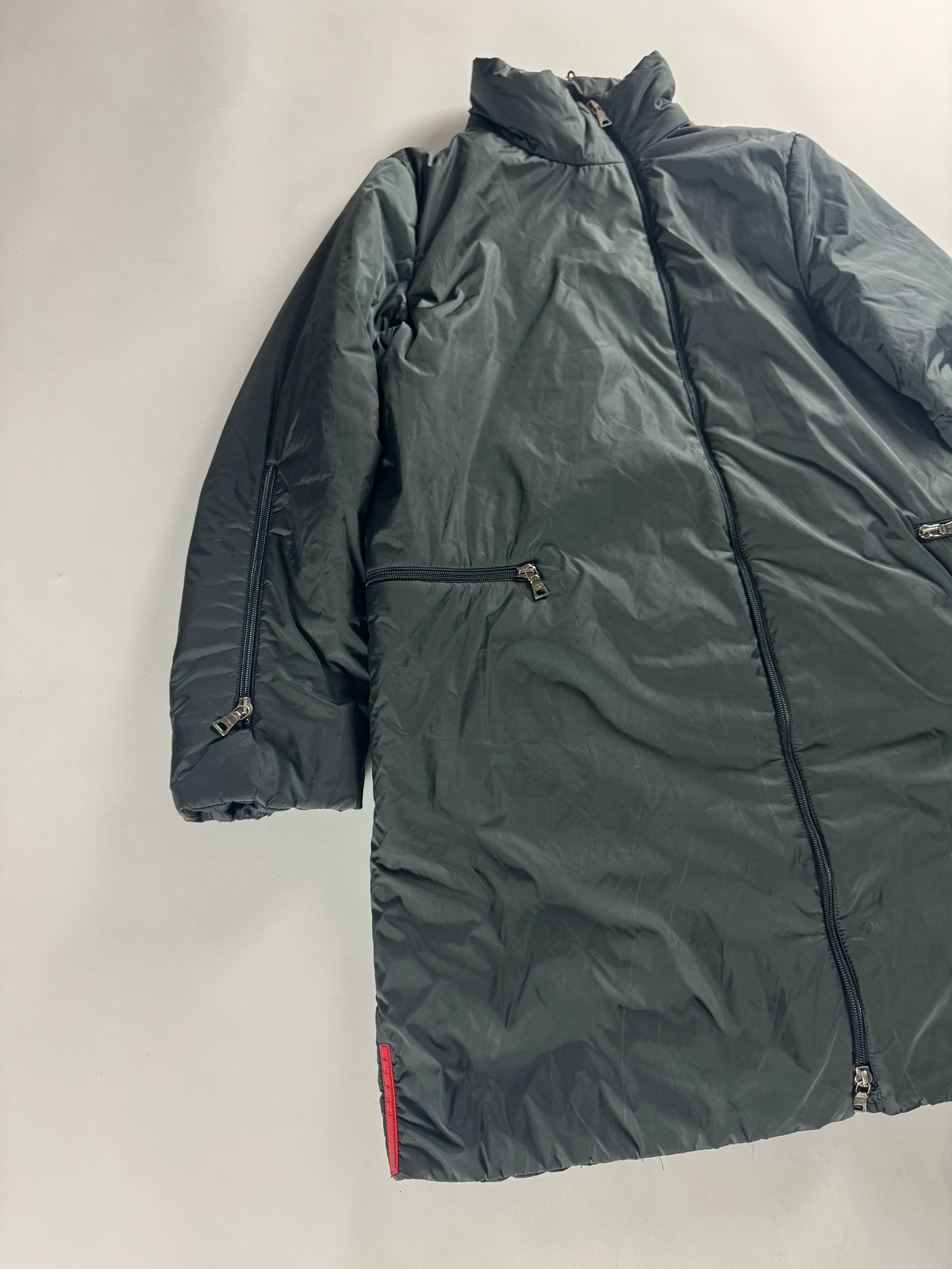 Prada Linea Rossa Long Dark Green Asymmetric Zipper Puffer Jacket FW 1999 - S