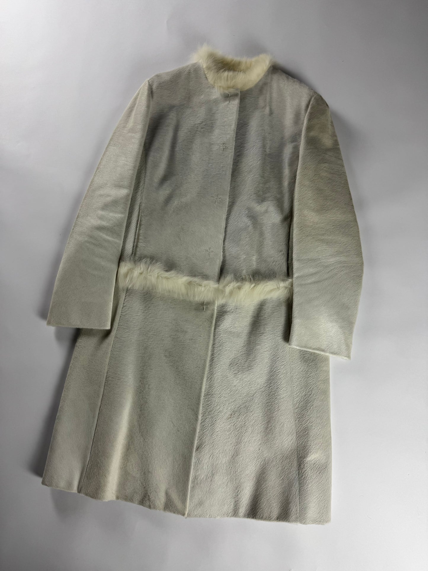 Prada White Heaven Fur Trimmed Pony Hair Leather Coat 1990s - S