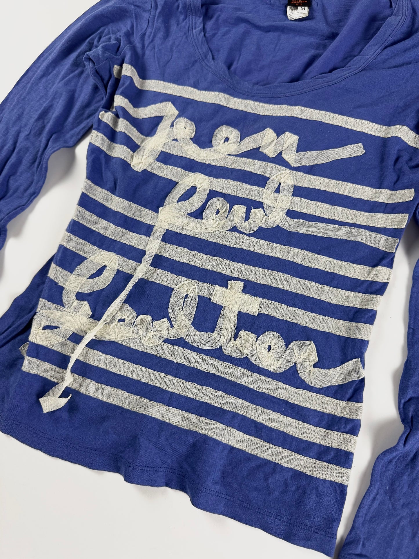 Jean Paul Gaultier Soleil Blue Marinière Stripe Logo Script Long Sleeve Mesh Top - M