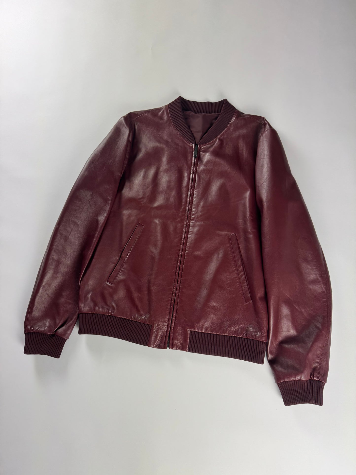 Prada Backside Triangle Logo Reversible Soft Bordeaux Leather Bomber Jacket FW 2017 - M