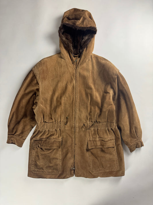 Prada Brown Suede Drawstring Waist Fur Trimmed Parka Jacket FW 1989 - M