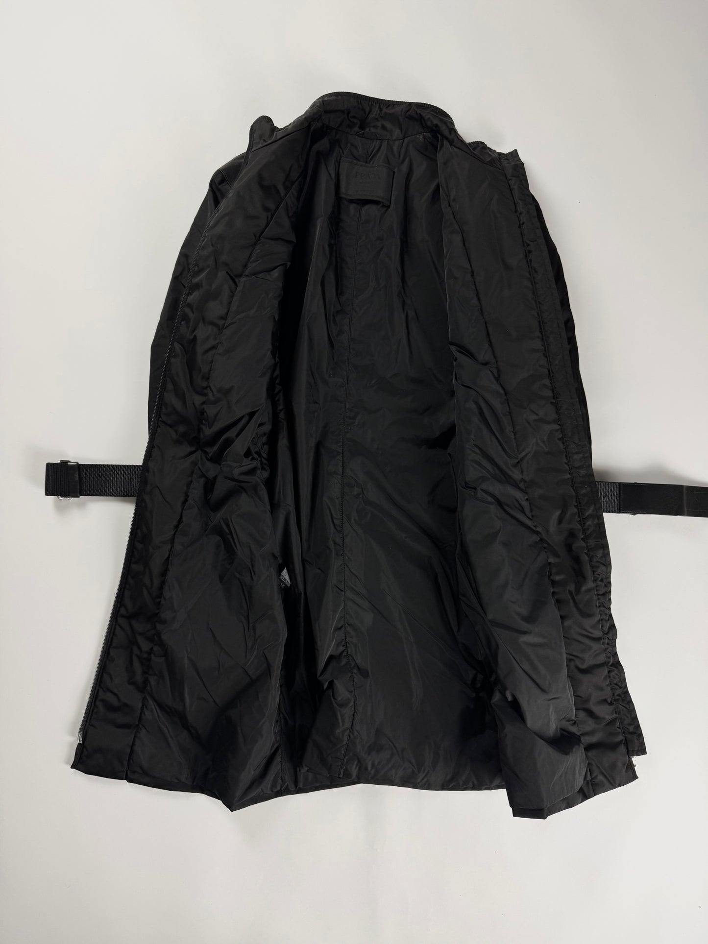 Prada Leather Shoulder Detail Strapped Belted Nylon Hooded Coat FW 1999 - S
