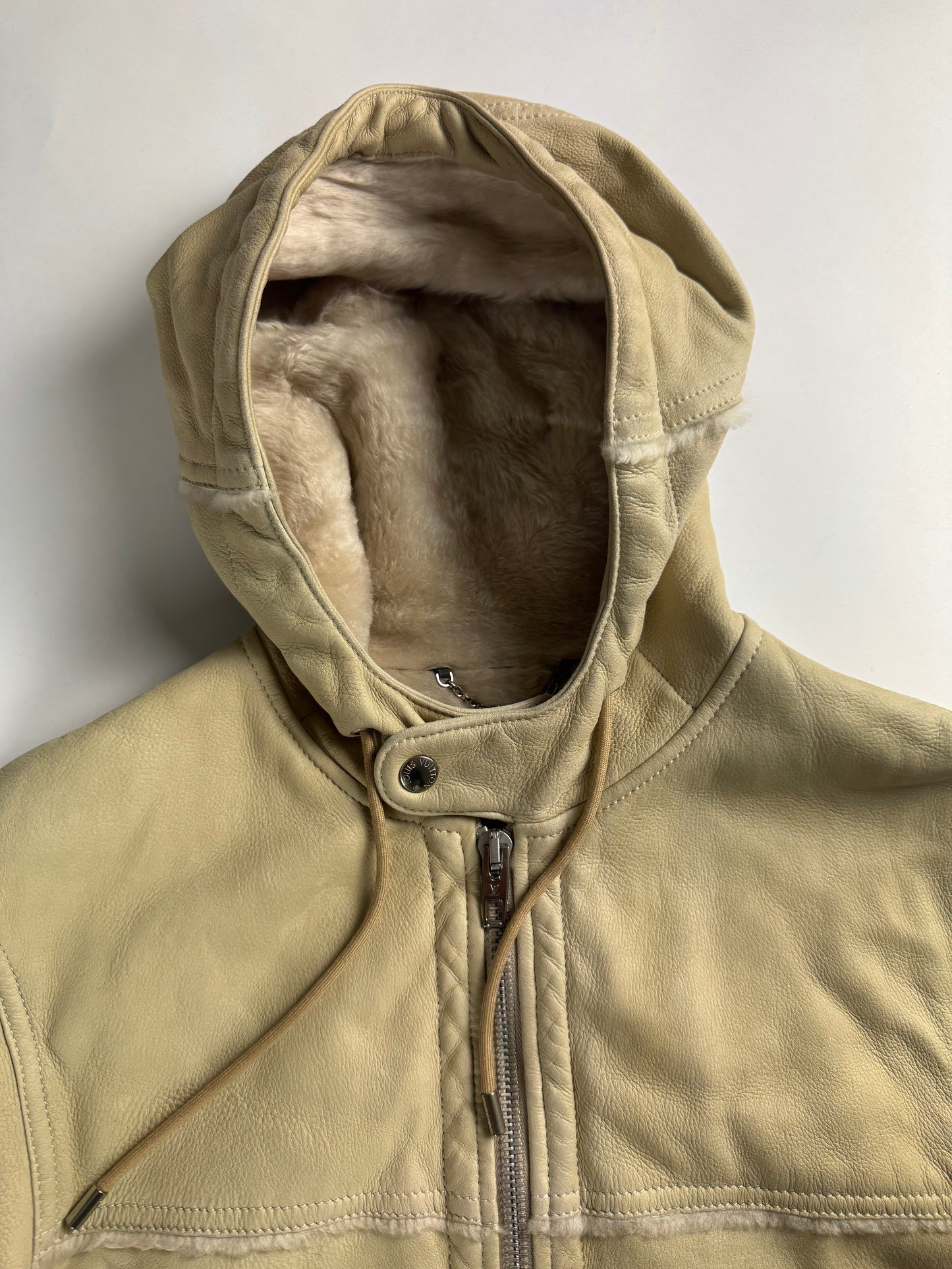 Louis Vuitton Cream Shearling Leather Full Zip Hooded Jacket FW 2006 - M