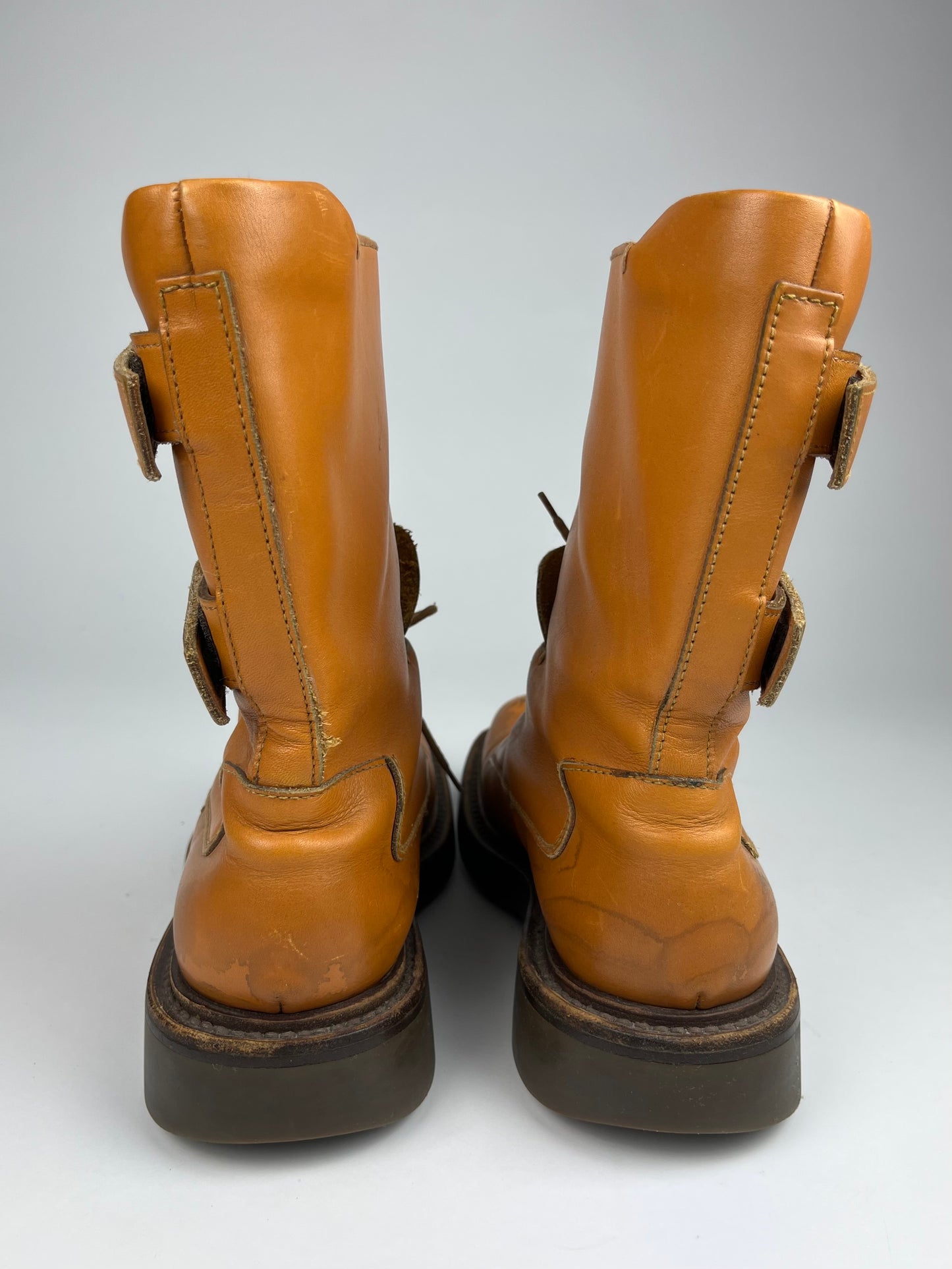 Prada Camel Leather Double Strapped Square High Boots FW 1999 - 43 EU/44 EU