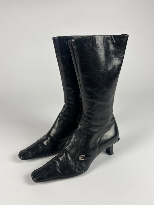 Prada Black Belted Leather Boots SS 2000 - 37,5 IT/ 38,5 EU