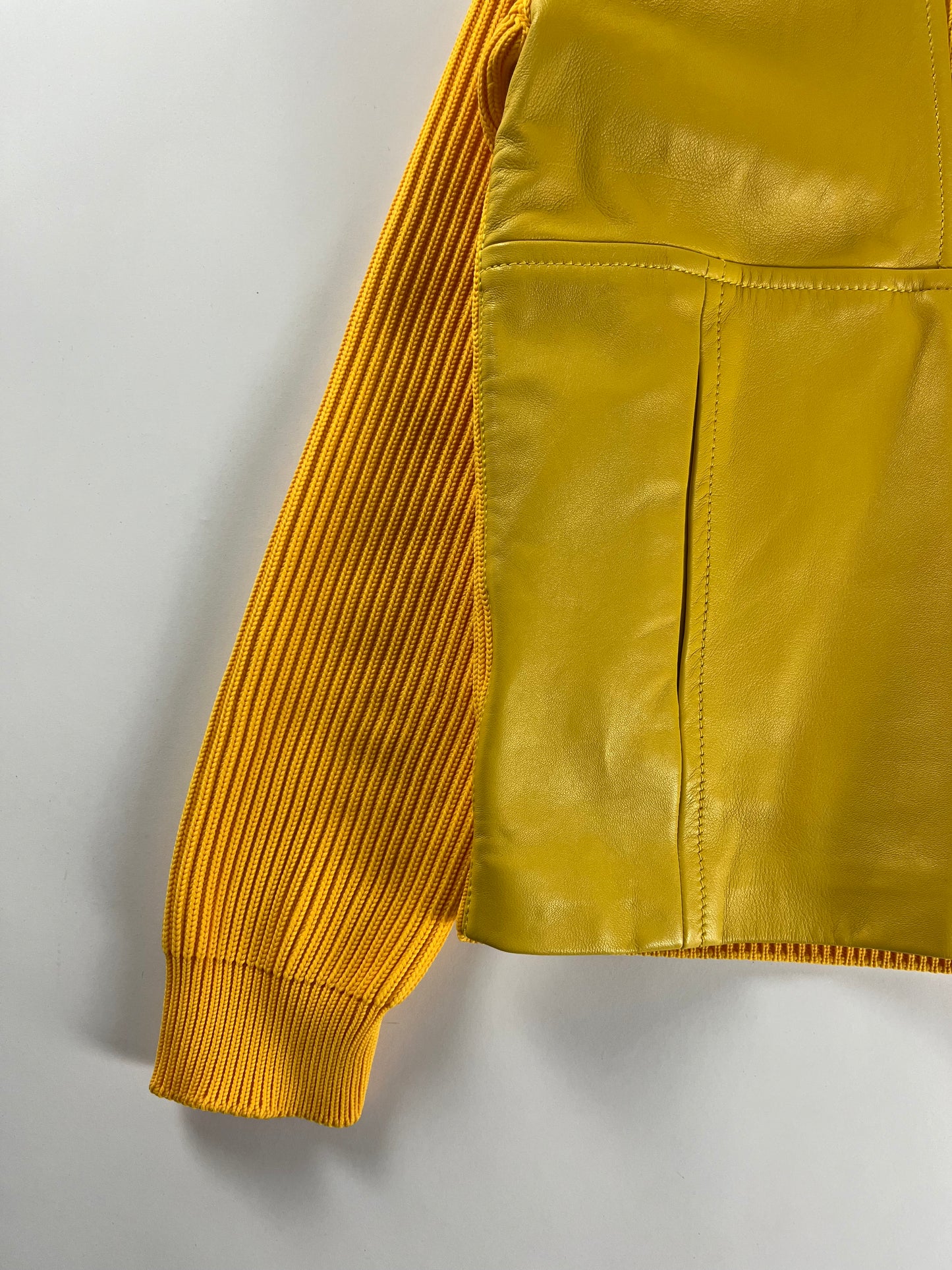 Prada Yellow Leather Ribber Turtleneck Half Zipper FW 2018 - S