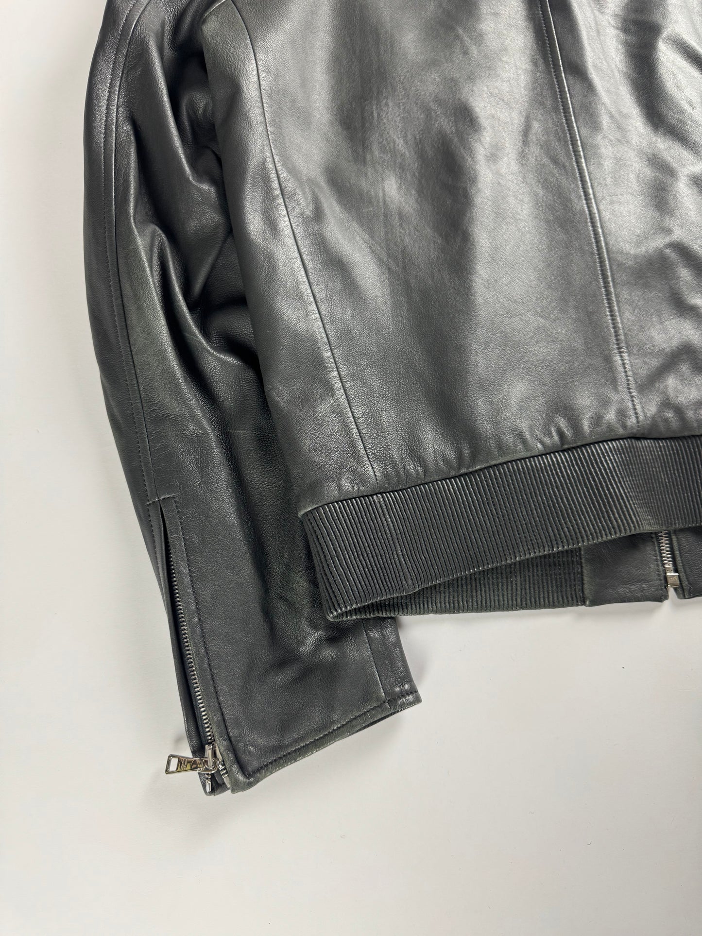 Prada Dark Grey Smooth Leather Minimalist Side Pocket Moto Jacket FW 2012 - M