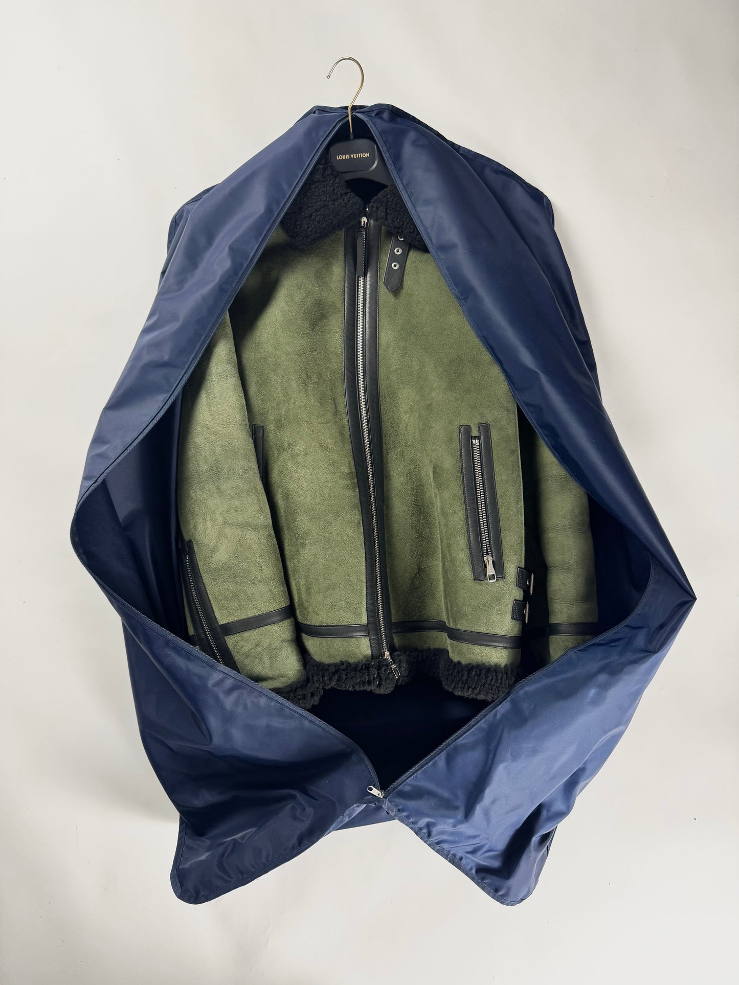 Louis Vuitton Sample Military Olive Shearling Leather Trimmed Bomber Jacket FW 2018 - M