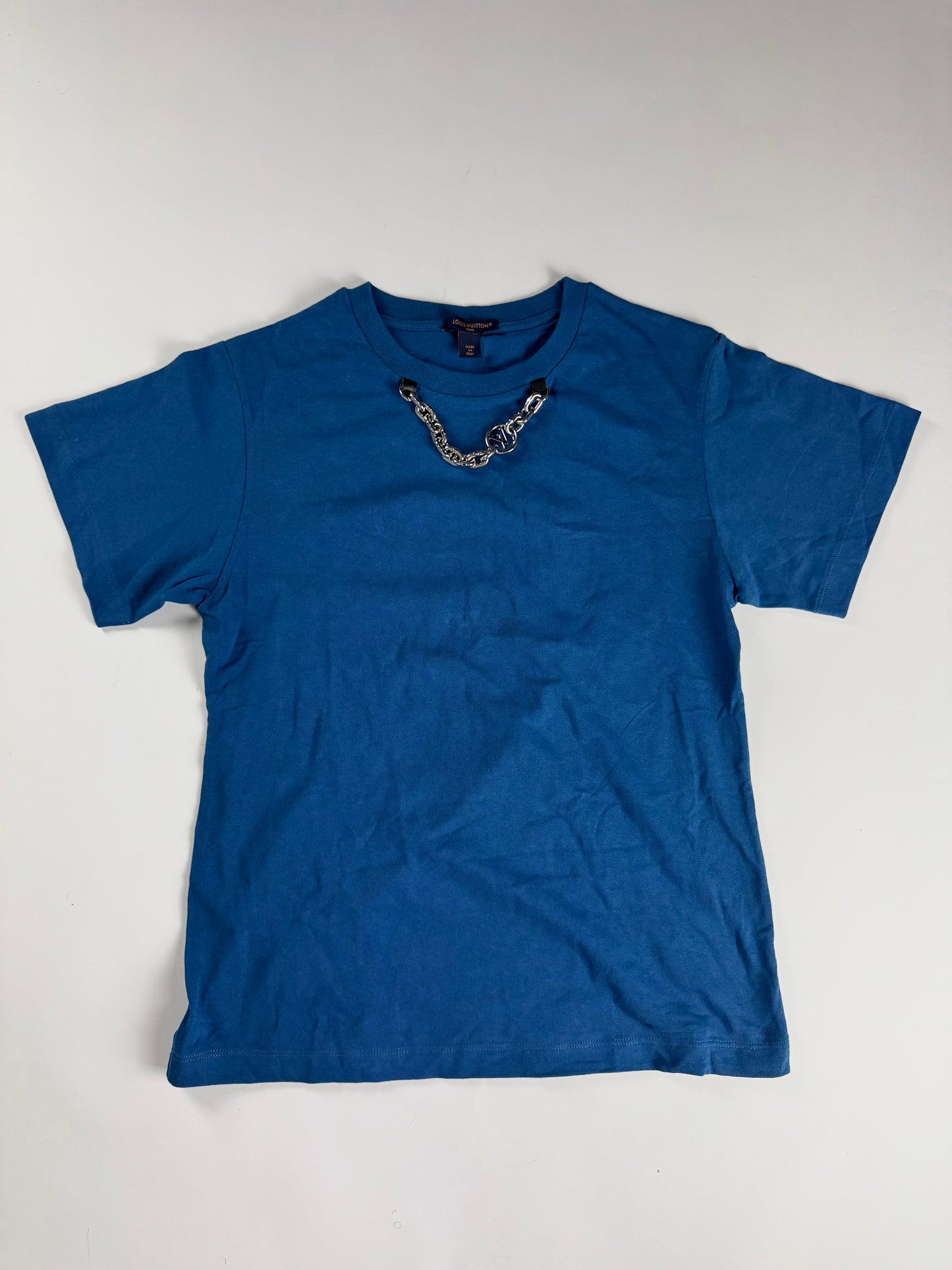 Louis Vuitton Sample Royal Blue Cotton Attached Silver Chain Neckline Detail Tee Shirt 2010s - M
