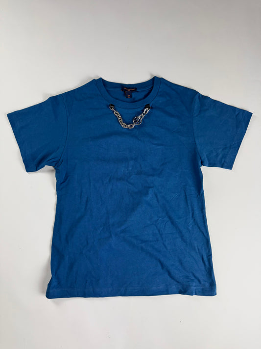 Louis Vuitton Sample Royal Blue Cotton Attached Silver Chain Neckline Detail Tee Shirt 2010s - M
