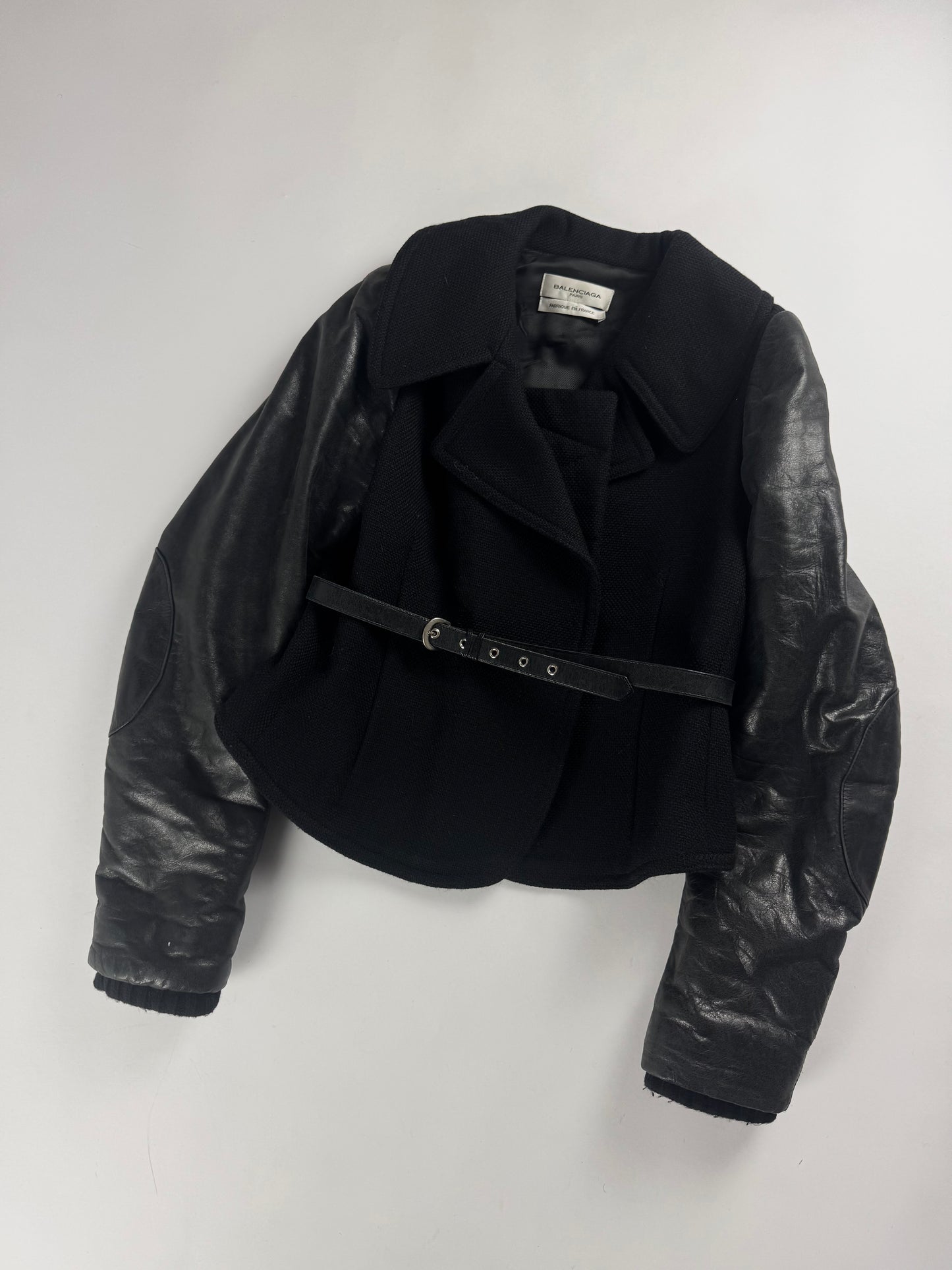 Balenciaga Dark Leather Sleeves Peplum Black Jacket FW 2002 - S