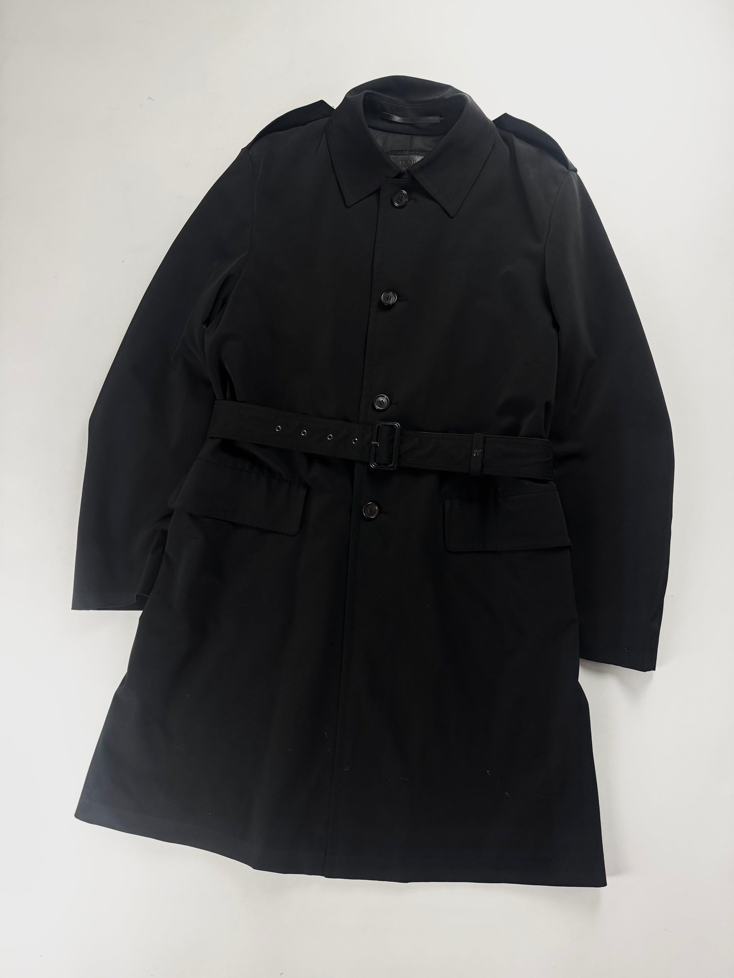 Prada Milano Black Single Breasted Minimalist Belted Coat FW 2000 - L